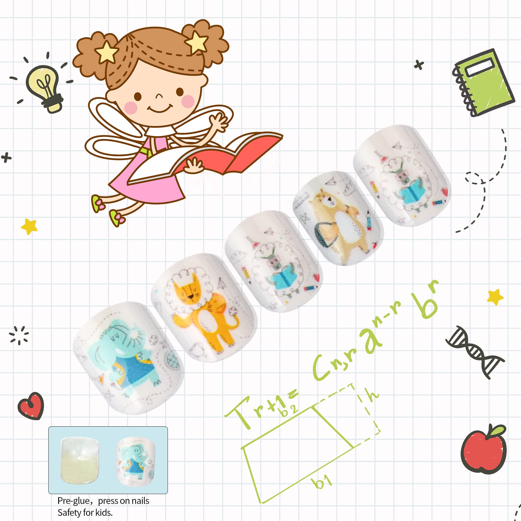 24 Pcs Animal-Themed Pre-Glued Fake Nails for Kids - Short Square Press-On Nails with Elephant, Lion, Sheep & Bear Designs - Fun Nail Art Decorations for Girls Birthday Parties, Playdates & Dress-Up