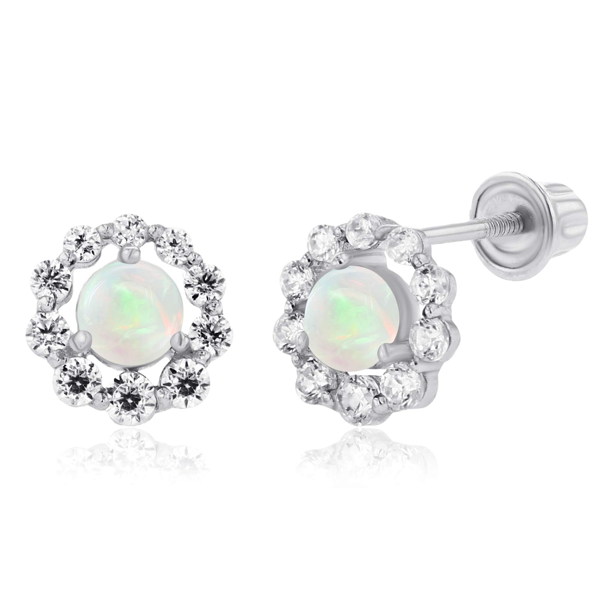 14K Solid Gold 6mm Halo Birthstone Stud Earrings for Women | 3mm Round Natural Birthstone | 1mm White Sapphire Halo Screwback Earrings | Perfect for Birthdays, Anniversaries & Everyday Elegance