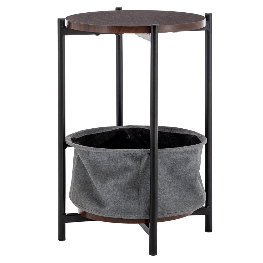 Round Side Coffee Table with Storage Basket - 2-Tier MDF End Table for Living Room, Bedroom, or Office - Modern Gray Accent Furniture for Small Spaces