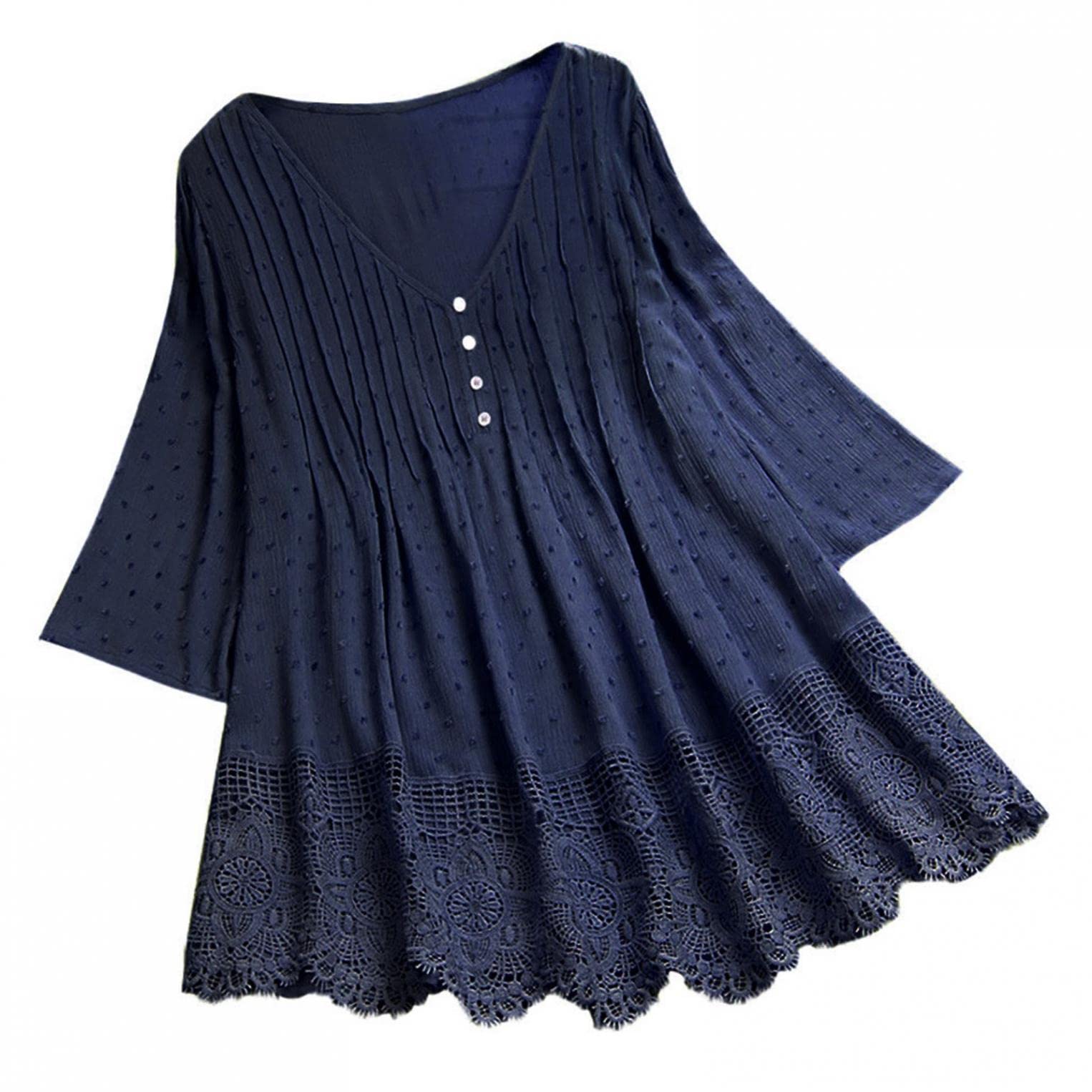 Plus Size Women's Cotton Linen Vintage V-Neck Blouse with Lace Ruffled Hem & 3/4 Sleeves - Loose Summer Tunic Top for Casual Wear, Office Outfits & Special Occasions