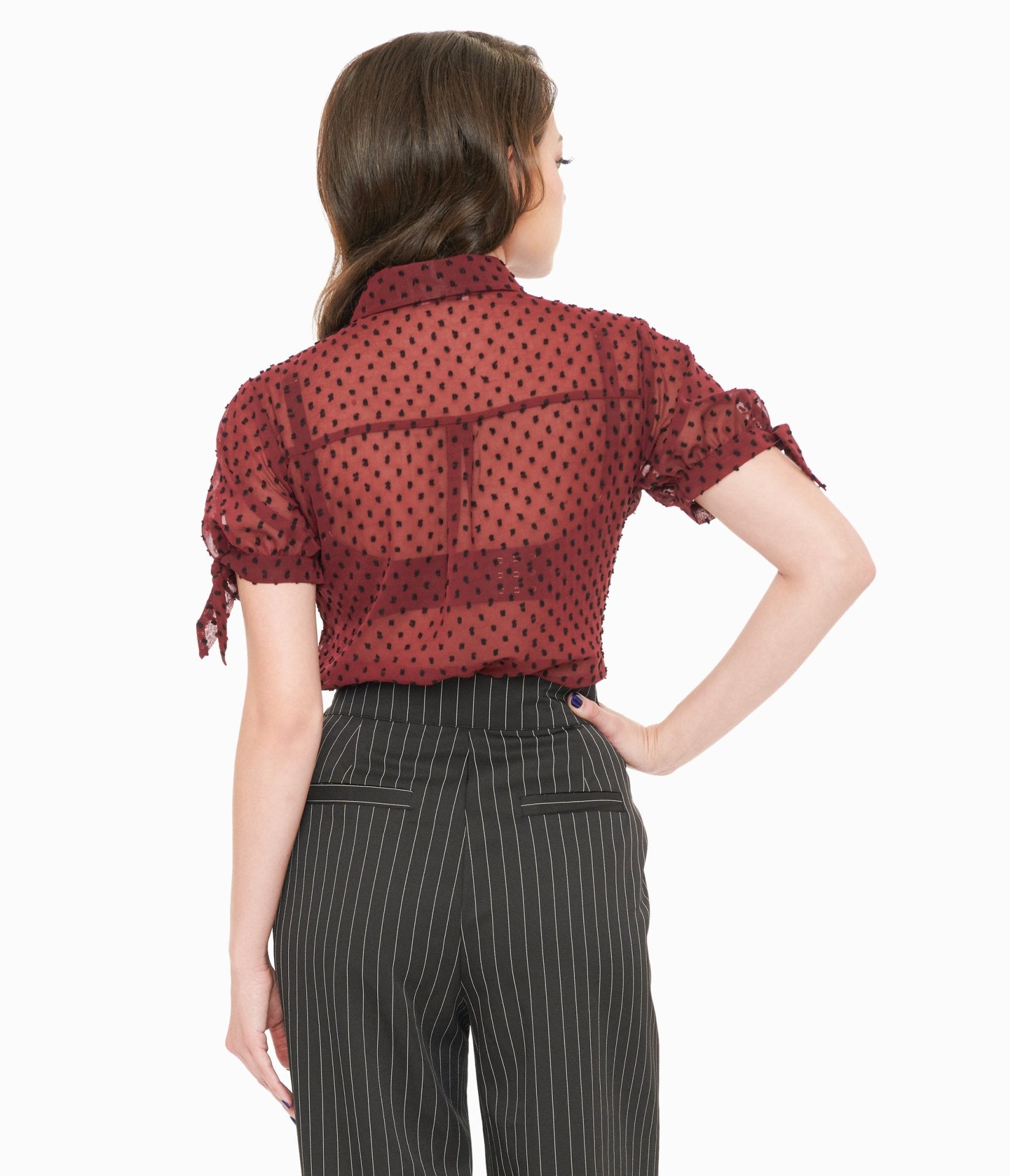 Vintage 1950s Burgundy & Black Polka Dot Tie Cuff Blouse - Retro Women's Fashion Top for Parties, Date Night & Special Occasions