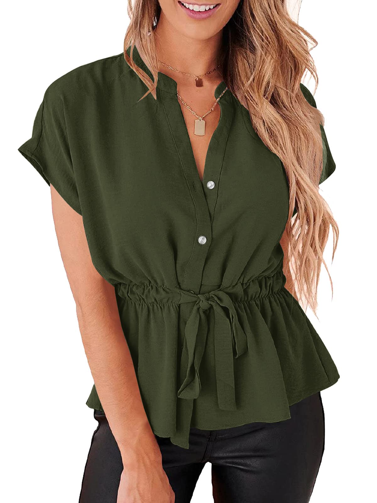 Women's Chiffon Button Down Blouse Casual Peplum Top with Henley Neckline - Summer Office Wear, Date Night & Special Occasion Outfit