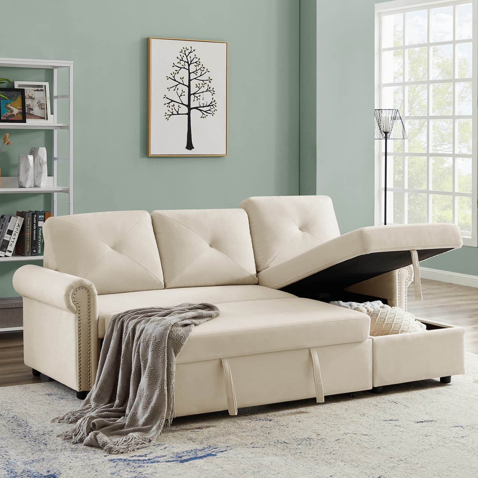Bufccy 83-inch L-Shaped Convertible Sectional Sofa with Pull-Out Bed & Storage Chaise | 3-Seater Corner Couch with Scroll Armrests | Modern Beige Fabric Sofa for Living Room, Apartment & Small Spaces | Perfect for Guest Sleeping, Movie Nights & Space-Saving Solutions