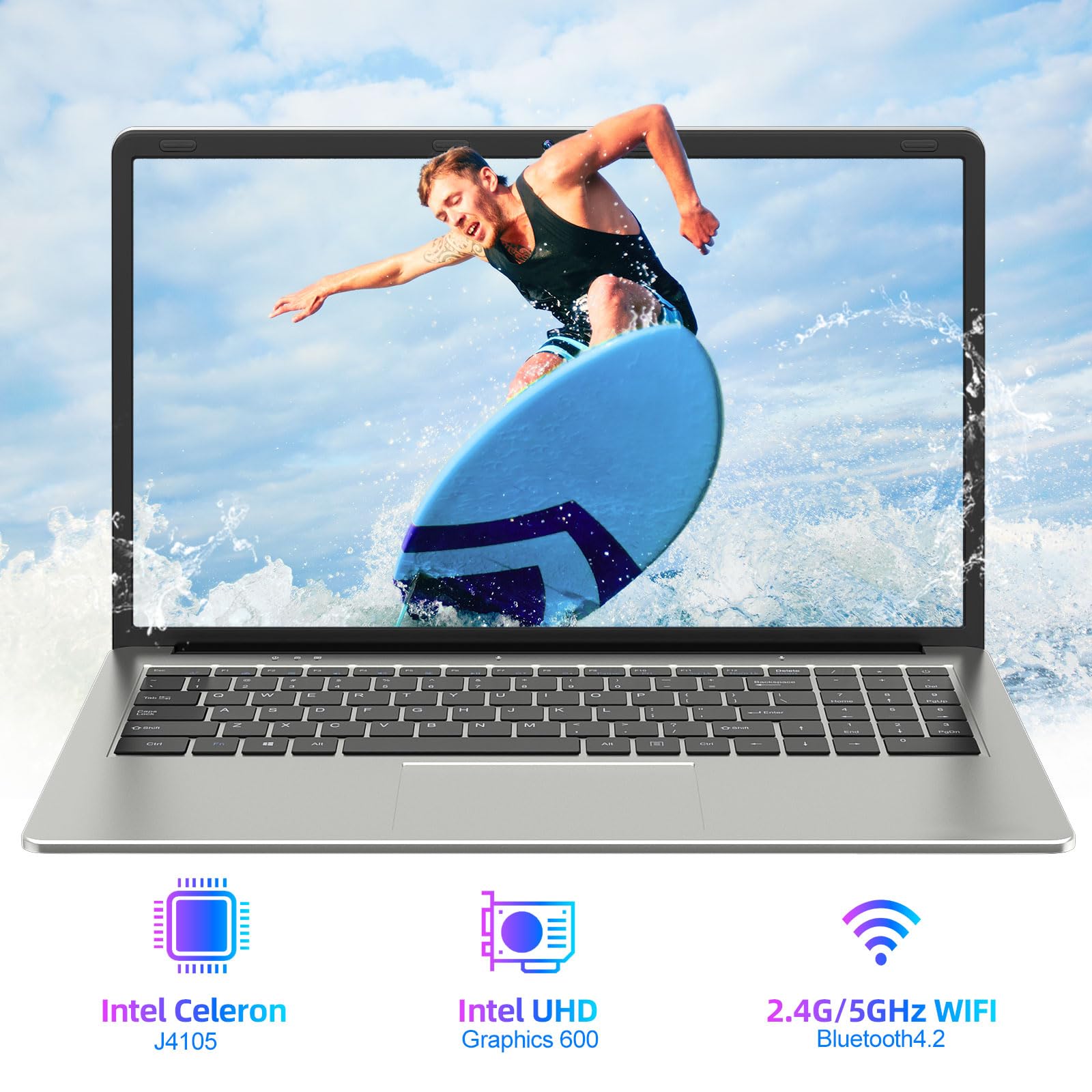 15.6 Inch Laptop with Intel Celeron J4105 Quad-Core CPU - 4GB RAM 128GB SSD, UHD Graphics 600, USB 3.2 Ports, Dual-Band WiFi, Bluetooth 4.2 - Perfect for Work, Study & Entertainment
