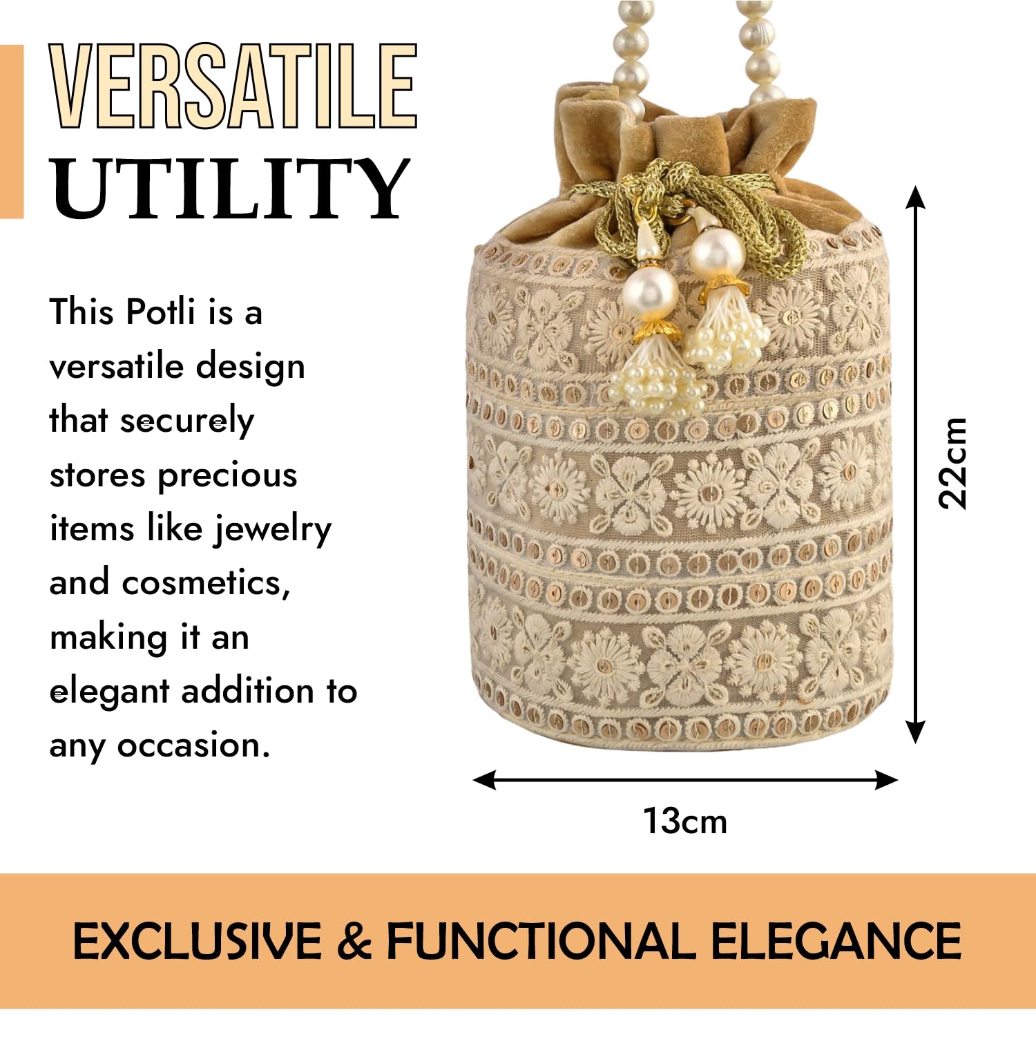 Luxury Velvet Lucknowi Embroidered Potli Bags for Women - Traditional Indian Ethnic Drawstring Purse with Pearl Handle - Perfect for Weddings, Parties & Festivals - Golden    (Ideal for bridal accessories, cultural events, Diwali celebrations, and as elegant gift packaging)