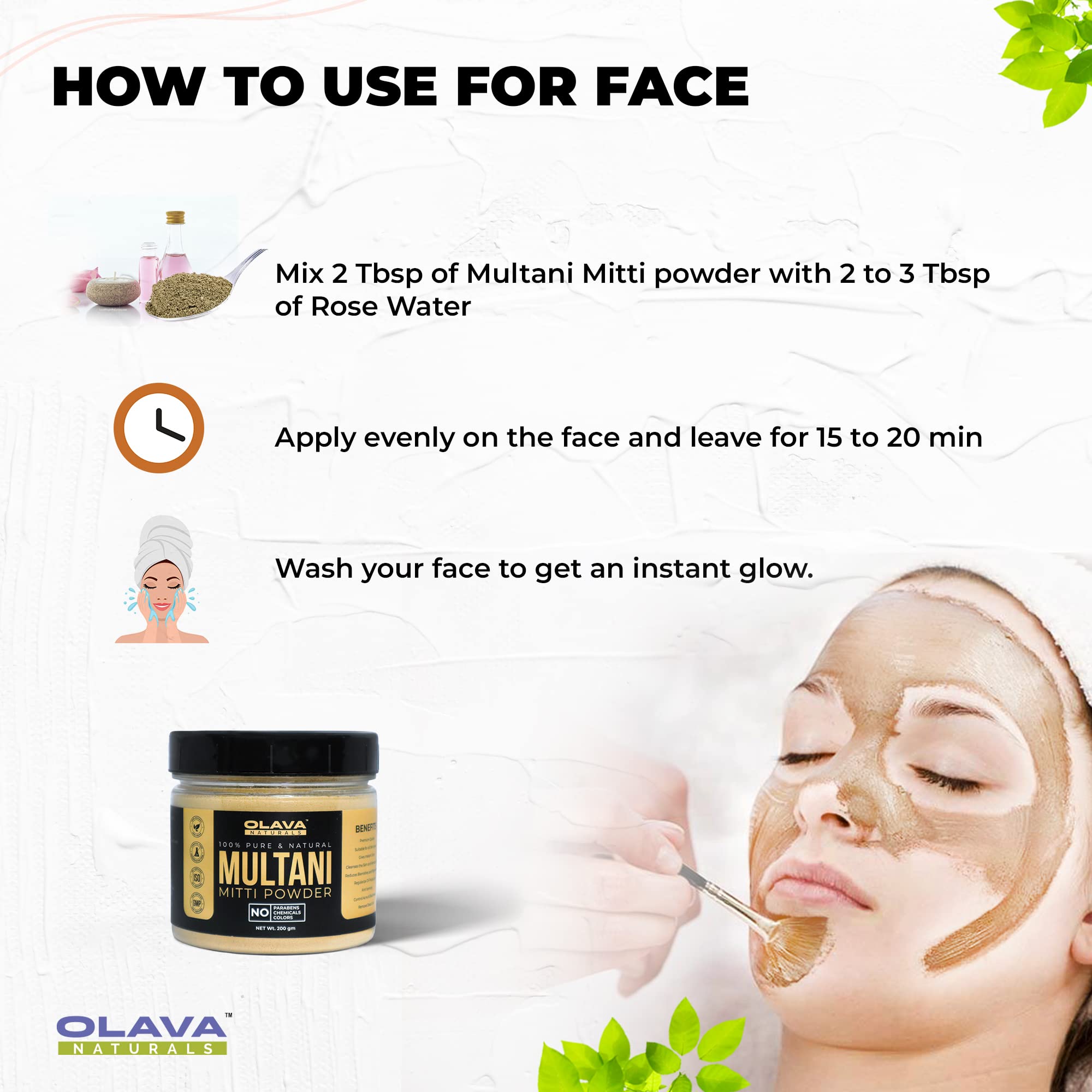 Olava Naturals Multani Mitti Powder - Pure Bentonite Clay for Face Mask & Skin Care | Fuller's Earth for Glowing Skin | 200g | DIY Facial Treatment & Spa Day Essential