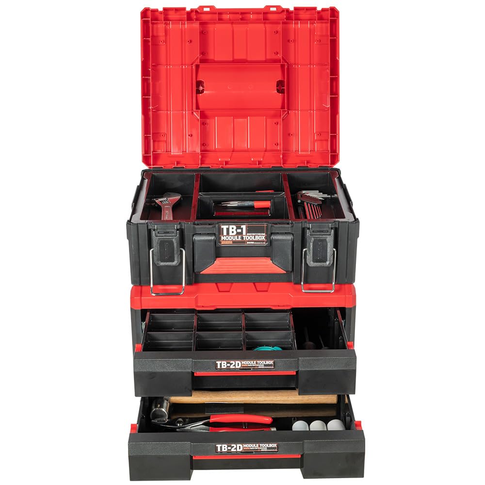 SHUTER 2-Tier ABS Tool Box with Drawer - Heavy Duty Stackable Tool Chest for Power Tools & Accessories - 16.5 x 13.3 x 9.2 Inches - One-Touch Side Latch for Easy Access - Perfect for Garage, Workshop & Job Site Organization
