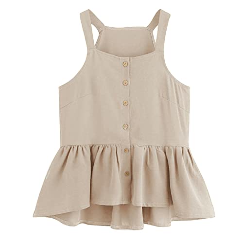Women's Casual Solid Color Sleeveless Pleated Ruffle Hem Button Tank Top - Breathable Summer Blouse for Work, Date & Outdoor Activities (Khaki, Large)