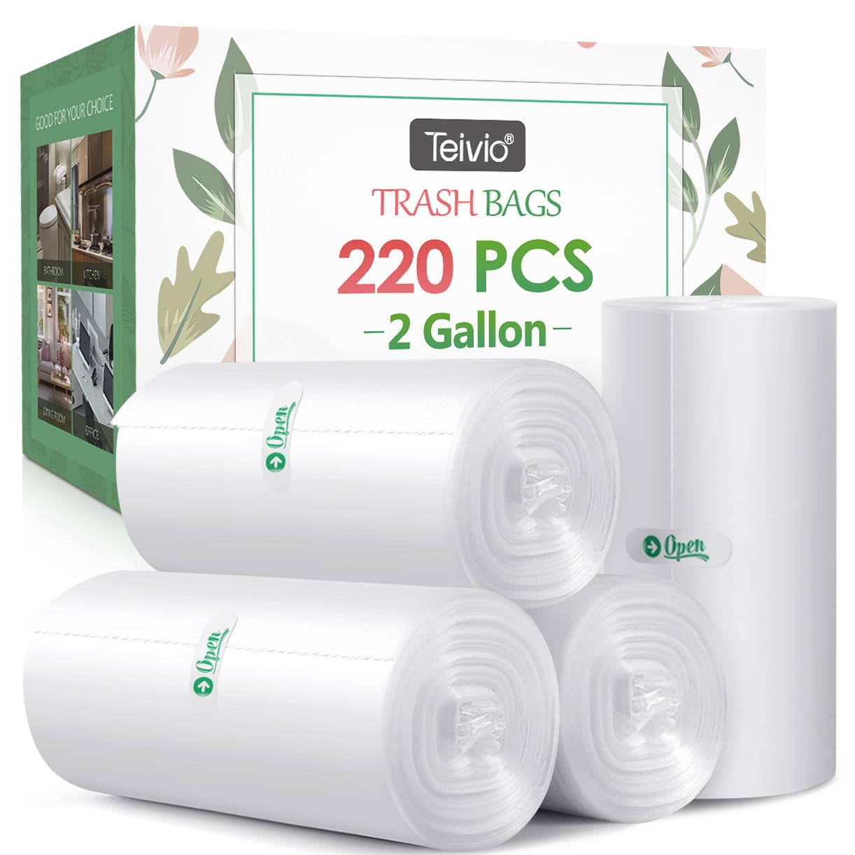 Teivio 2 Gallon 220 Counts Heavy Duty Trash Bags - Clear Small Plastic Garbage Bags for Bathroom, Kitchen, Office & Home Use | Perfect for Waste Bins, Can Liners & Daily Disposal Needs