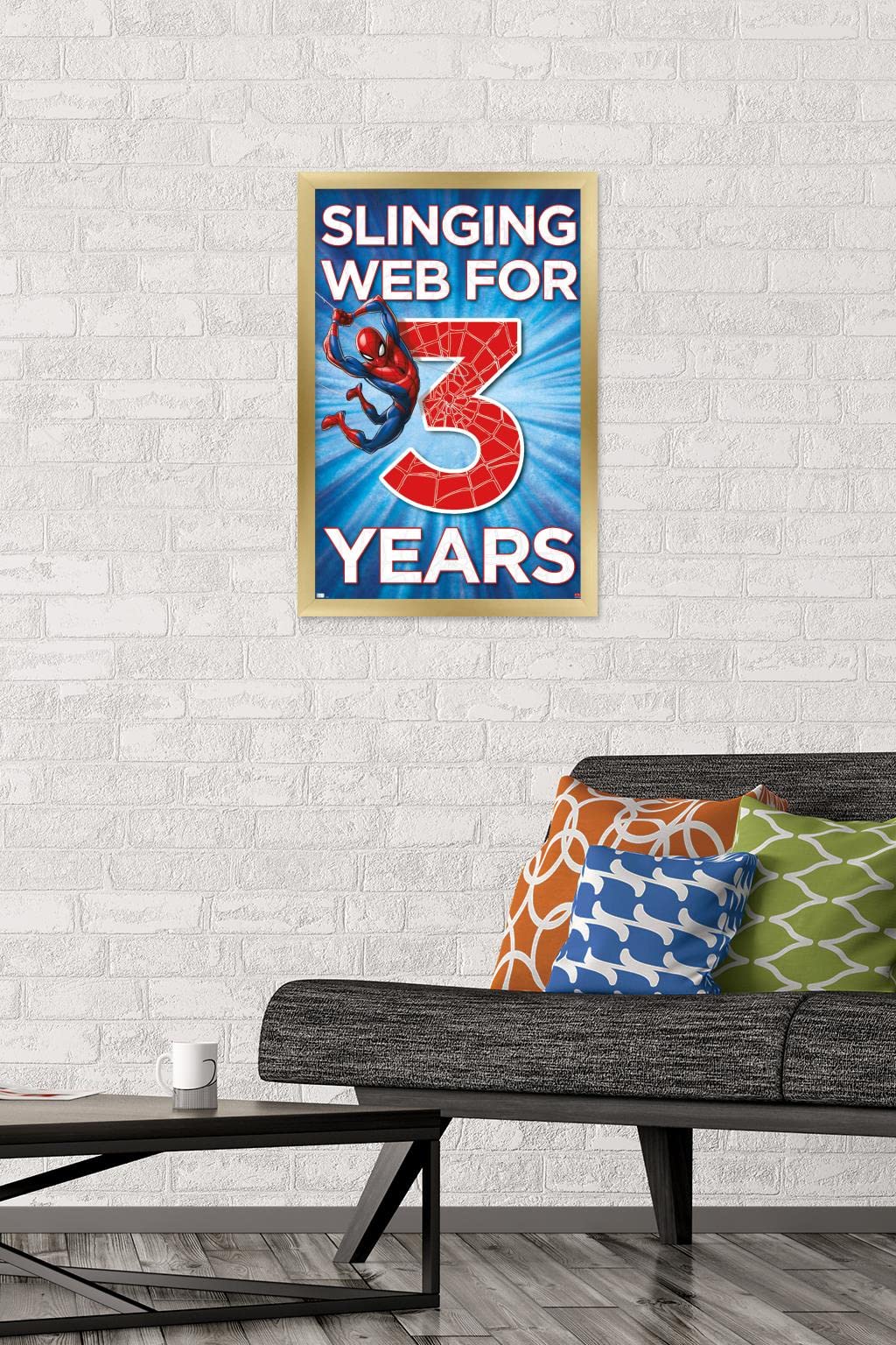 Marvel Spider-Man Happy 3rd Birthday Gold Framed Wall Poster 22.4x14.7 Inches - Perfect for Kids Room Decor & Birthday Party Decorations