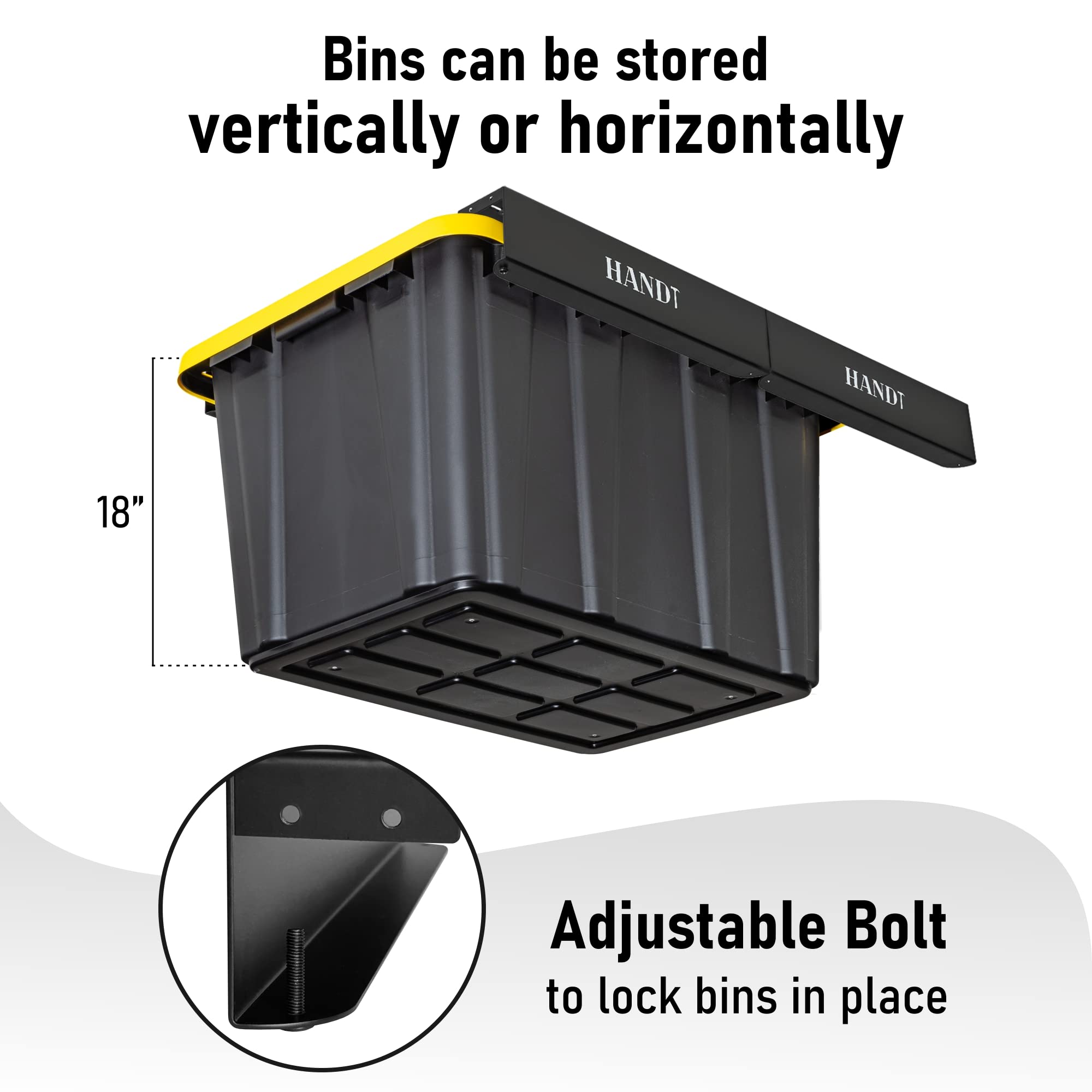 Heavy Duty Overhead Garage Storage Rack System - 4 Pack Black Metal Ceiling Shelving for 27 Gallon Tote Bins | Garage Organization, Attic Storage & Closet Space Saving Solution