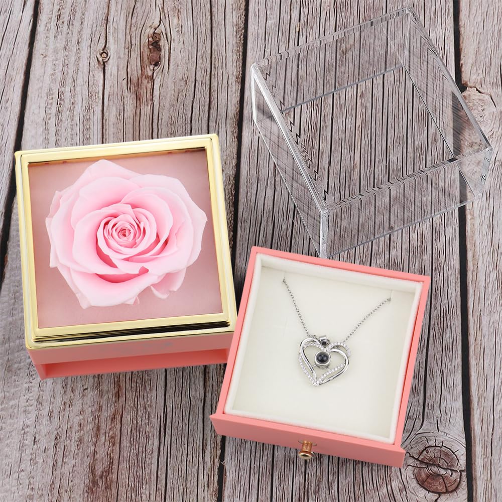 Vanleonet Preserved Pink Real Rose Heart Necklace - Romantic I Love You Jewelry for Women, Perfect Birthday, Mother's Day, Christmas & Anniversary Gifts for Mom, Wife, Girlfriend, Grandma - Ideal for Date Nights & Special Occasions