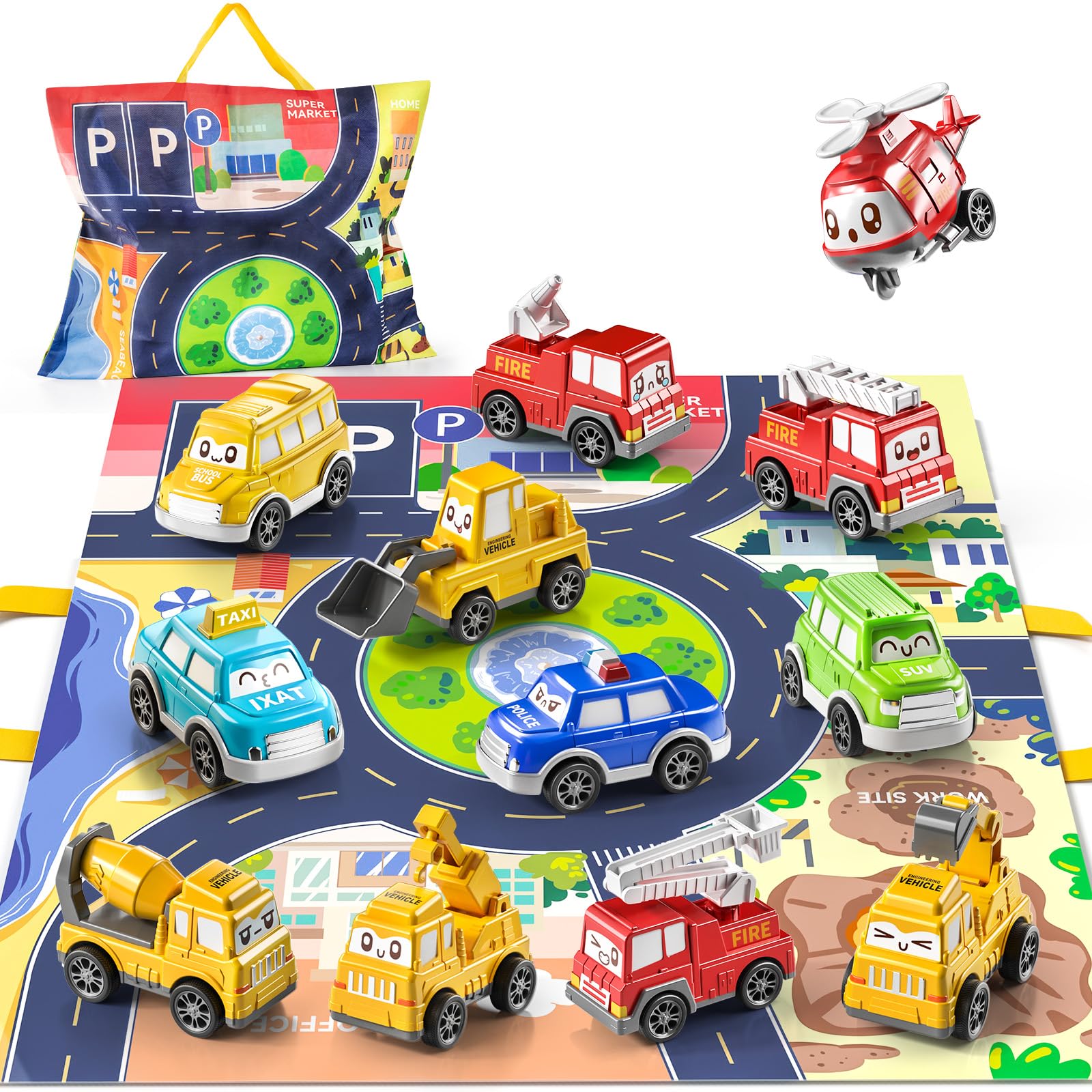 **12-Piece Pull Back Toy Cars for Toddlers 1-3 Years Old - Includes Play Mat & Storage Bag - Best Baby Toys for 12-18 Months - Perfect Birthday Gift for Boys & Girls - Fun Indoor & Outdoor Playtime**