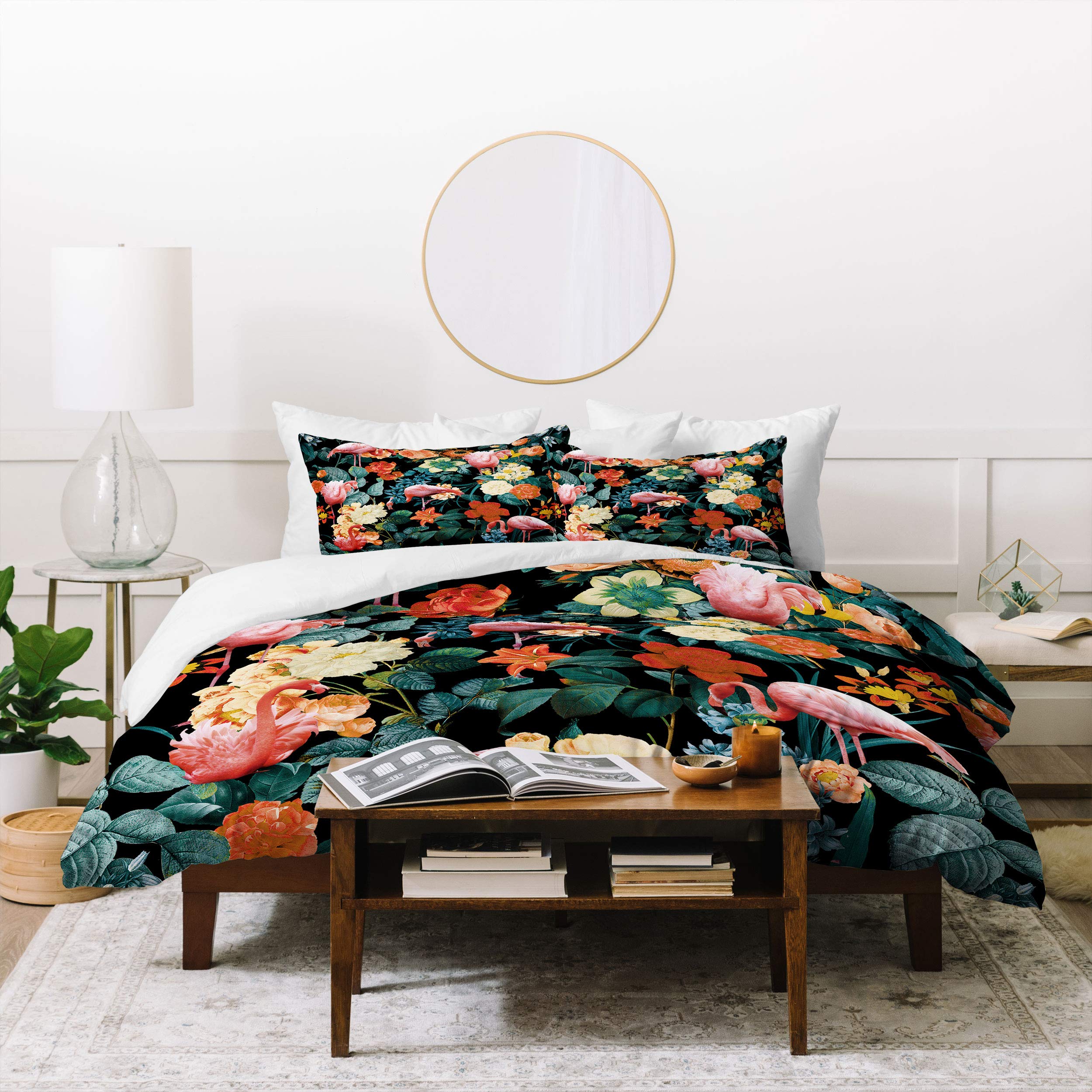 Floral & Flamingo Duvet Cover Set - Full/Queen with Pillow Shams for Bedroom Decor