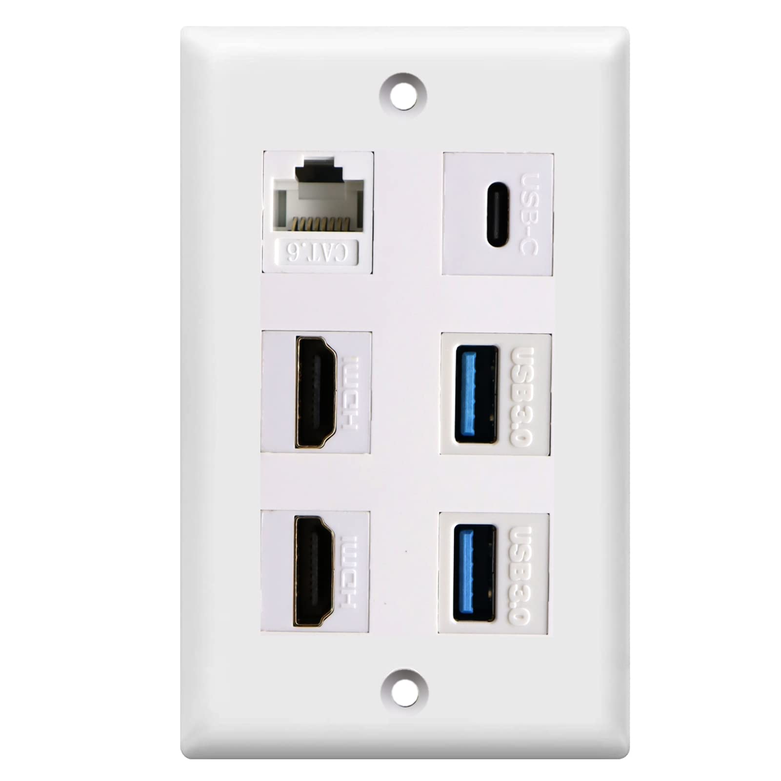 **Disscool USB C Wall Outlet - 2 USB 3.0 Ports, 2 HDMI 2.0, 1 Cat6 Ethernet, 1 USB Type C - White Wall Plate Included - Compatible with iPhone & Samsung - Perfect for Home, Office & Hotel Charging**