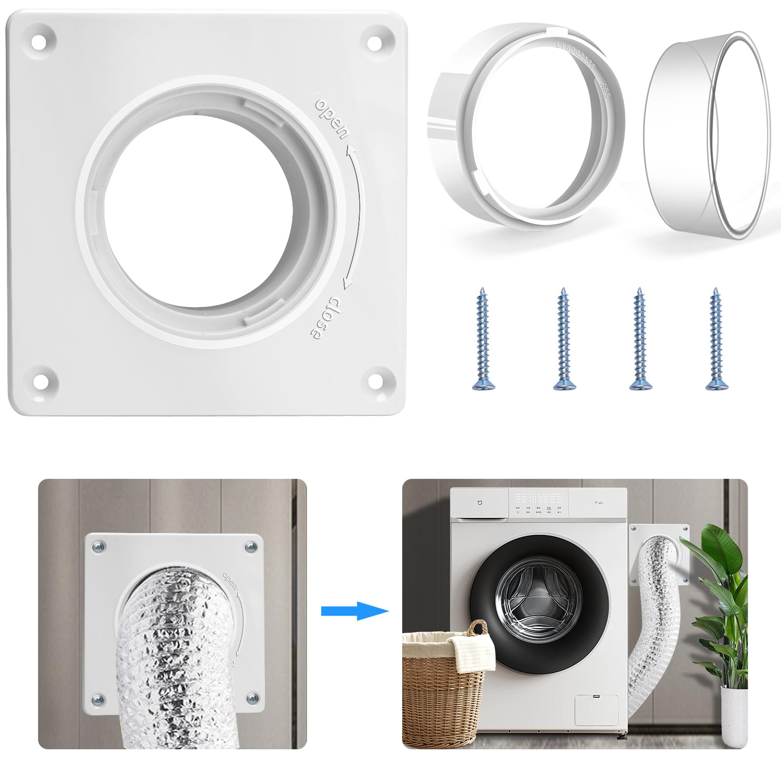 Estoder 4 Inch Dryer Vent Connector Kit - Quick Connect Snap Wall Plate Adapter for Dryer Duct - Compatible with Washer, Bathroom, Air Conditioner & Air Purifier - Perfect for Laundry Room, Basement & Home Ventilation Systems