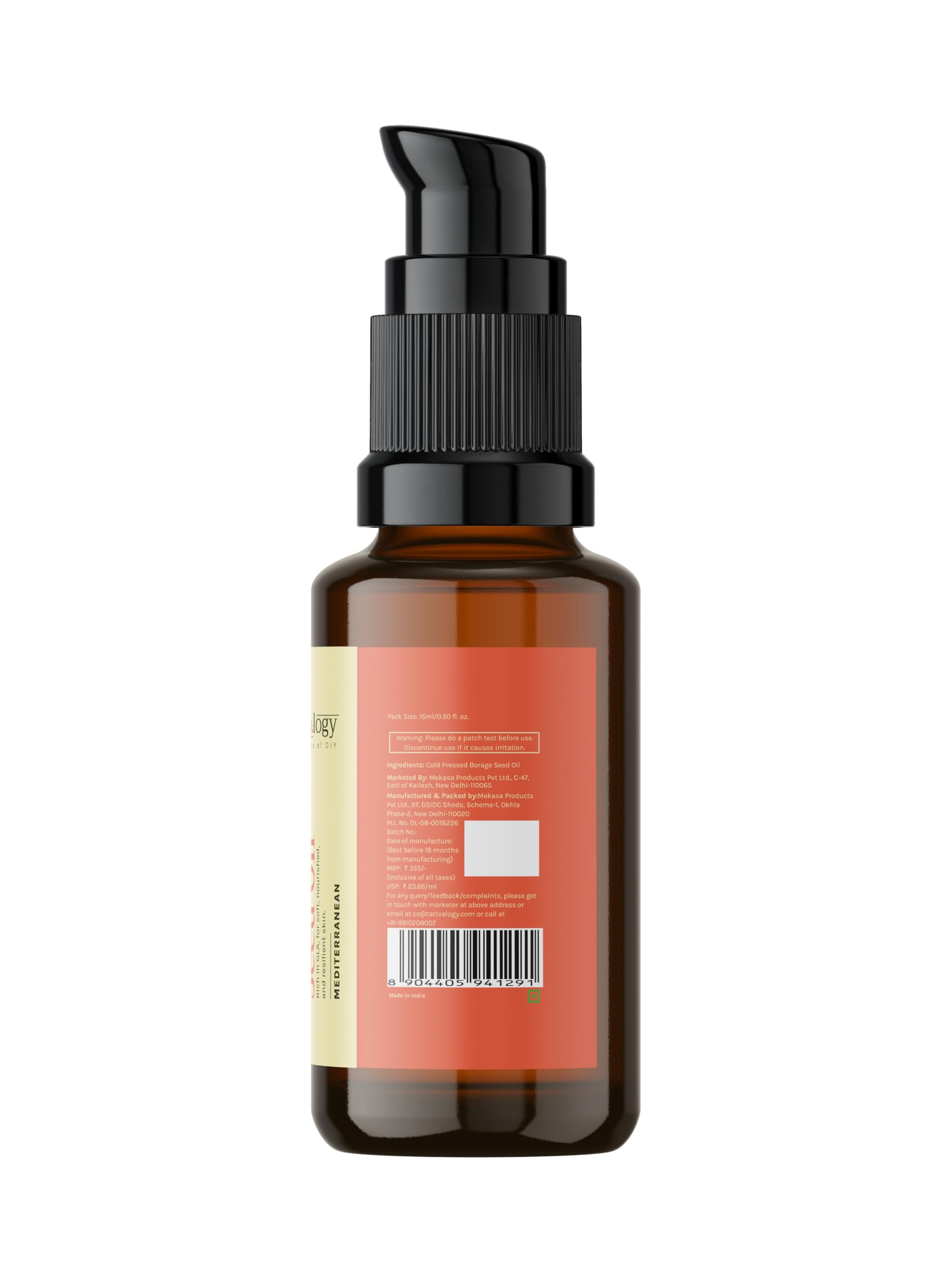 Tattvalogy Pure Borage Seed Oil (Starflower Oil) - 100% Natural, Cold-Pressed & Unrefined Essential Oil for Hair, Skin, Face, Body, Nails & Stretch Marks - 15ml Glass Bottle - Perfect for DIY Beauty Recipes, Massage & Aromatherapy
