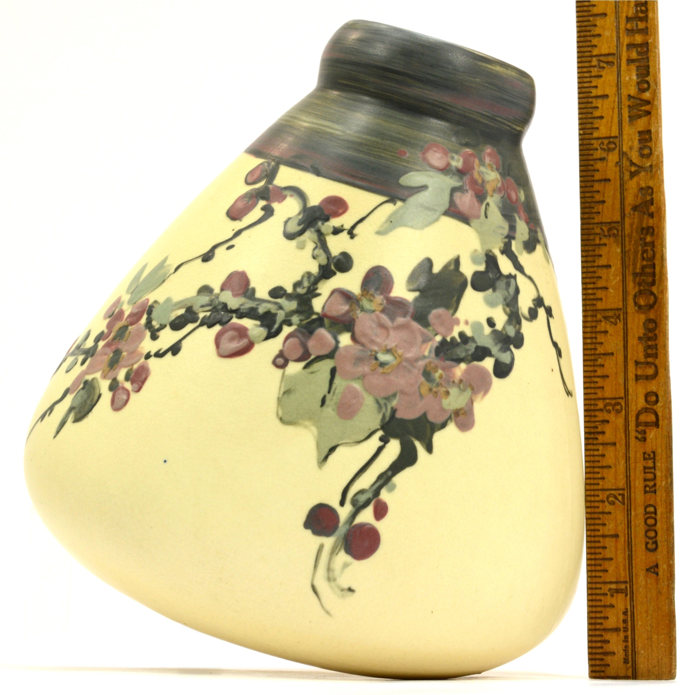 Antique Weller White & Decorated Hudson Vase 6.5 Inch Squat Cherry Blossoms - Rare Collectible Home Decor for Living Room, Office & Gift Giving