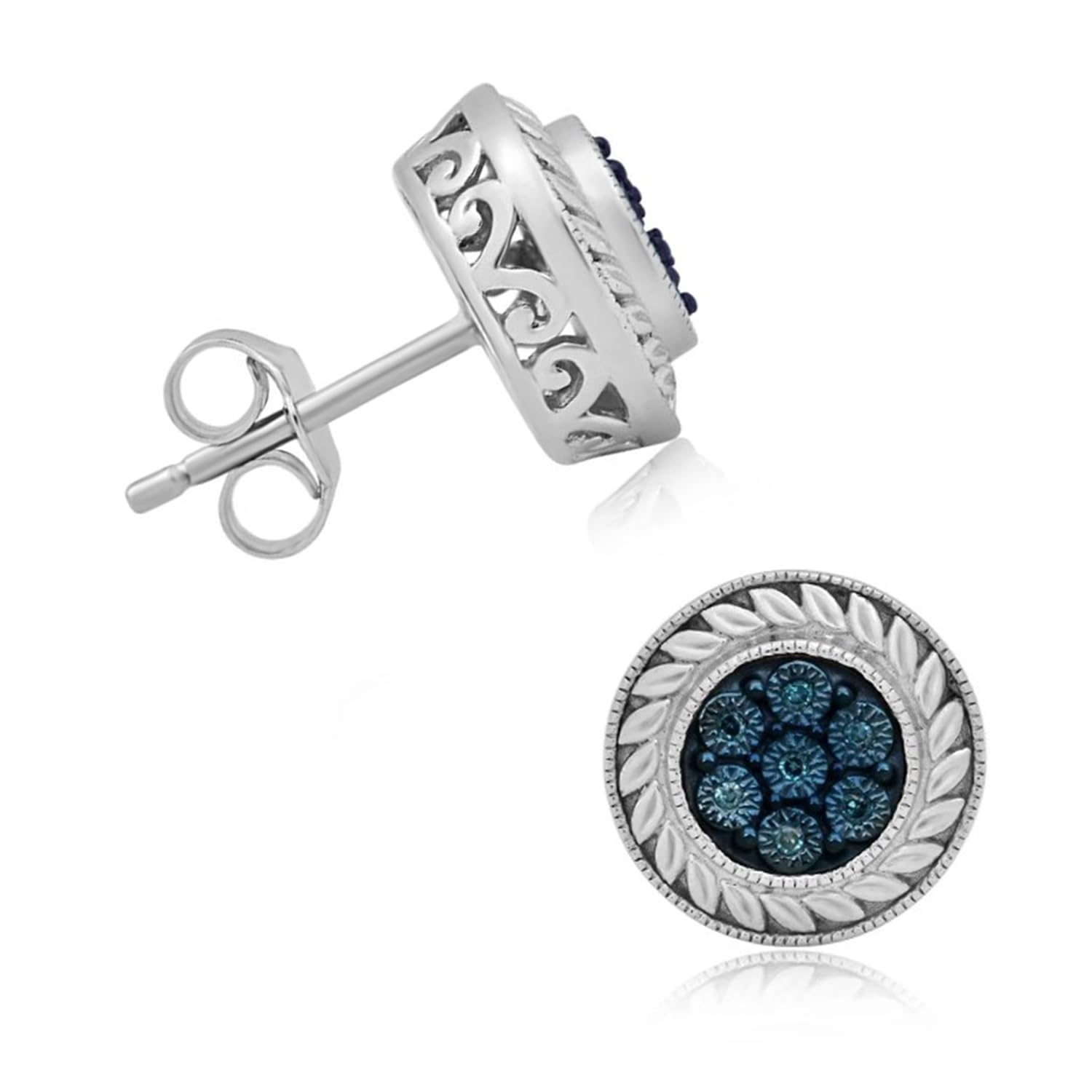 Jewelili Sterling Silver Round Stud Earrings with Blue, White & Champagne Diamonds – Perfect for Weddings, Parties & Everyday Elegance