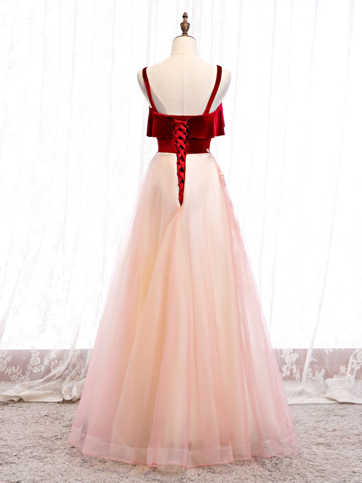 Elegant Burgundy A-Line Tulle Lace Long Prom Dress for Formal Events - Perfect for Homecoming, Wedding, and Evening Gala