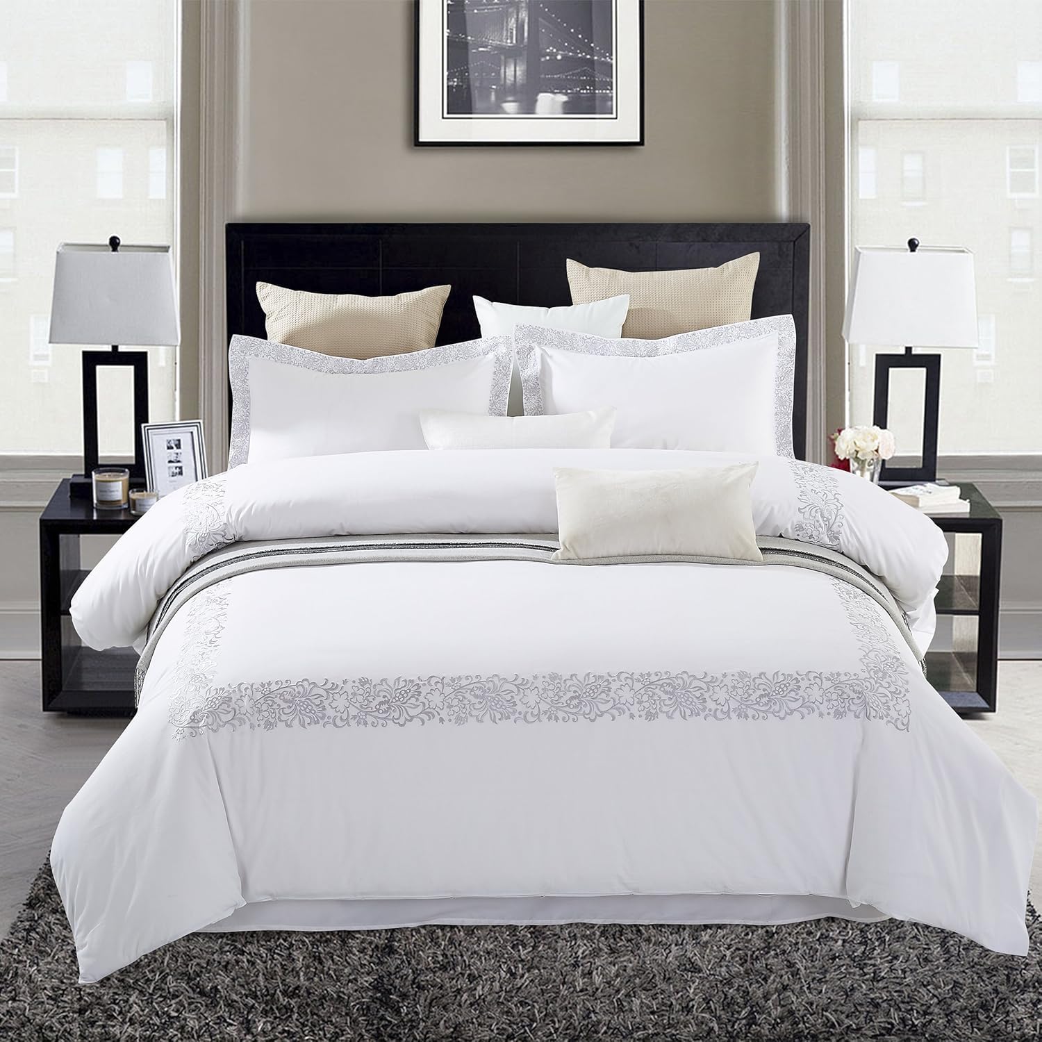 Premium Embroidered Cotton Duvet Cover Set - Soft Luxury Bedding with Button Closure - 1 Duvet Cover + 2 Pillow Shams - Moonlawn Collection - Elegant White Full/Queen Size - Perfect for Master Bedroom, Guest Room & Hotel Style Decor