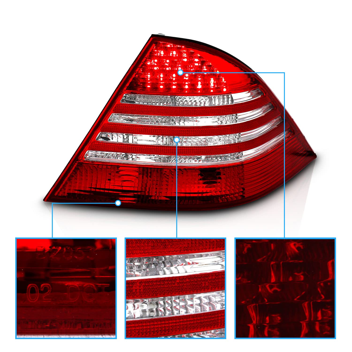 AmeriLite LED Taillights Red/Clear Compatible with Mercedes Benz S Class W220 1999-2005 - Left & Right Side Pair - Enhanced Visibility & Style for Night Driving & Car Customization