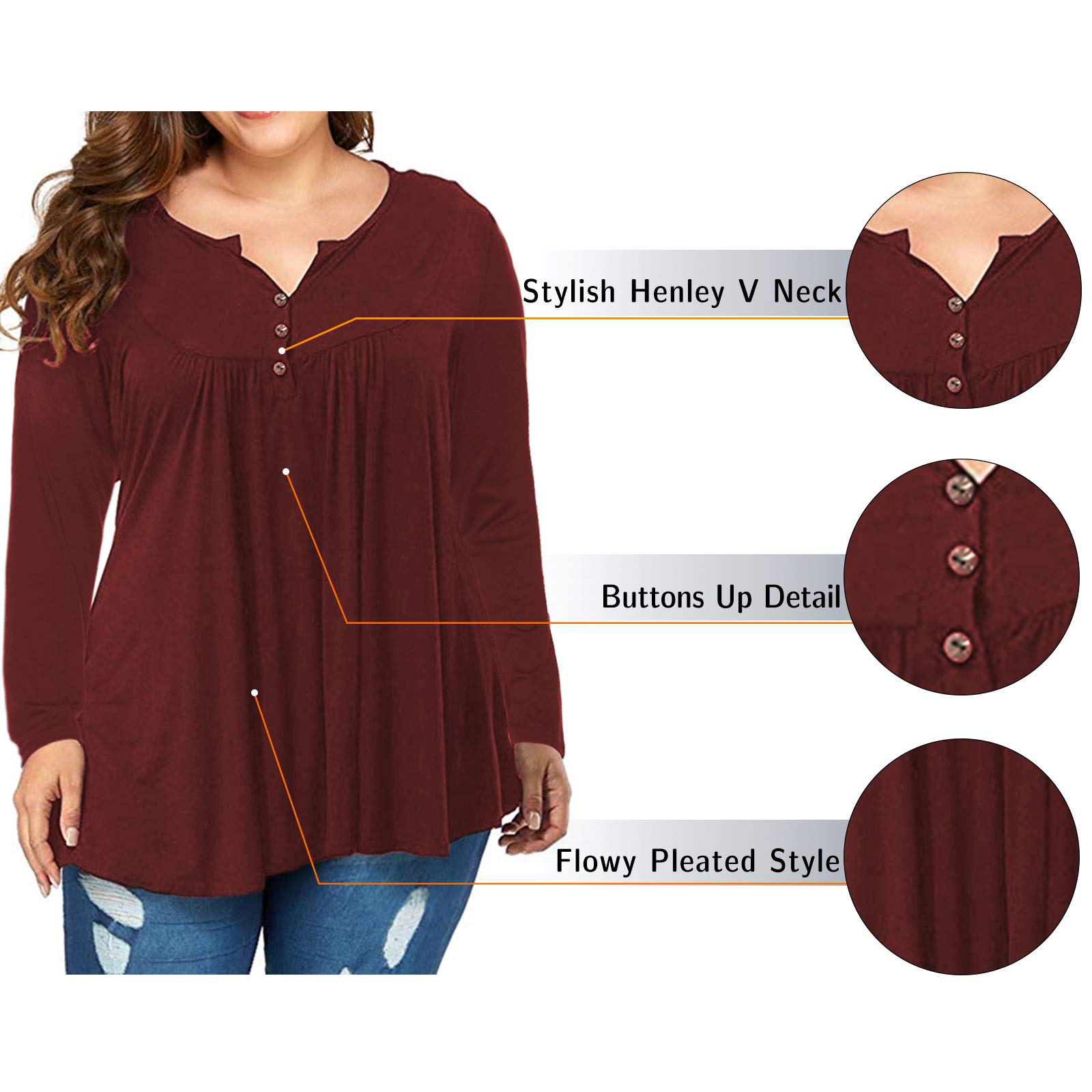 VISLILY Women's Plus Size Henley Shirts - Long Sleeve Button Up Blouses & Pleated Tunics for Casual Wear, Office Outfits & Everyday Comfort
