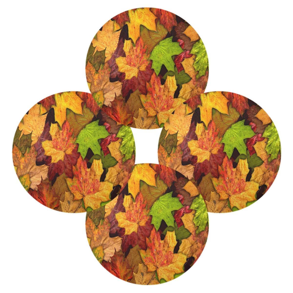 4-Pack Autumn Leaves Round Placemats - 15 Inch Fall Table Mats with Maple Leaf, Sunflower & Pumpkin Design for Kitchen, Dining Table, Dinner, Kids Holiday Party - Perfect for Thanksgiving, Halloween Decor & Seasonal Home Decorating