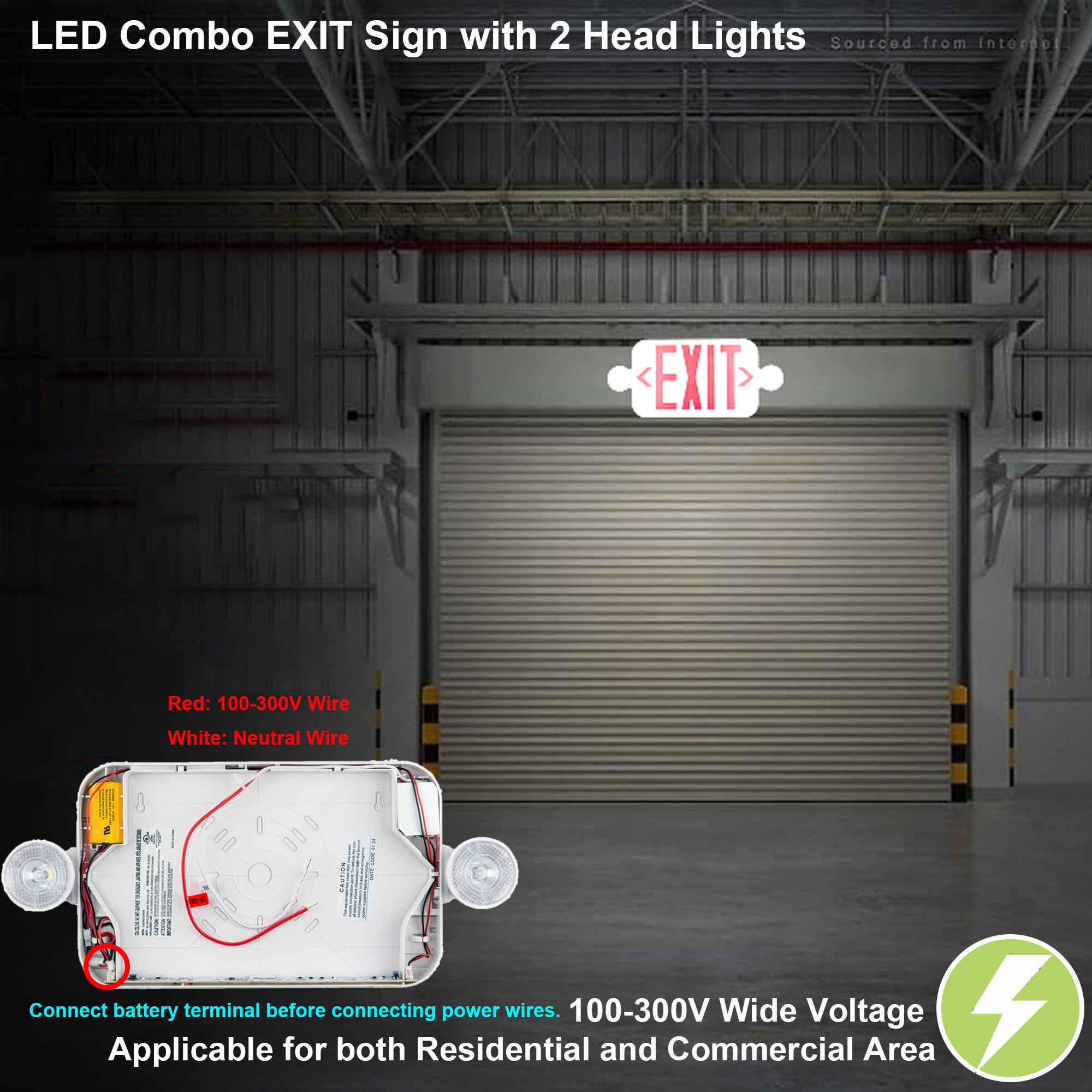 LIT-PaTH LED Combo EXIT Sign with 2 Adjustable Head Lights & Double Face - UL 924 Certified Emergency Exit Lighting with Backup Batteries (120-277V, 4-Pack) - Ideal for Commercial Buildings, Warehouses, and Public Safety Areas