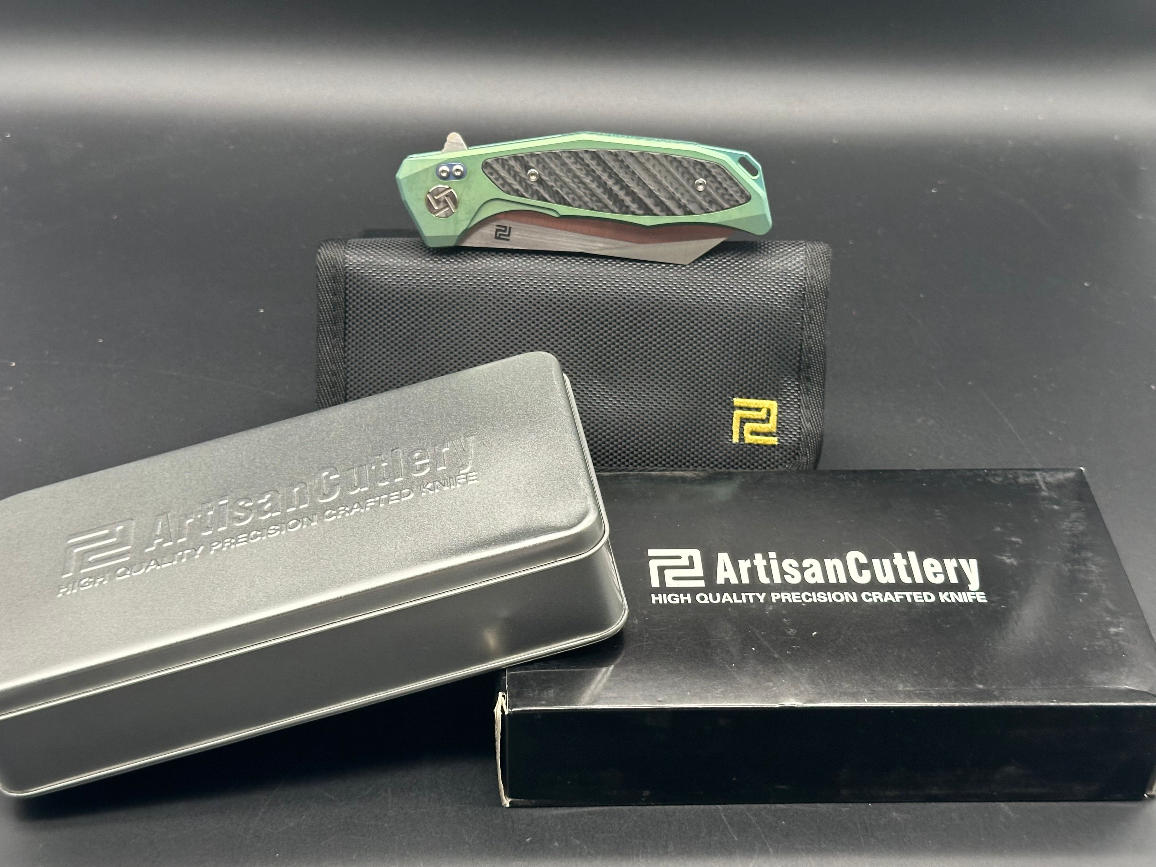 Artisan Cutlery Megahawk S35VN Wharncliffe Folding Knife - Premium Green Titanium Handles with Carbon Fiber Inlays - EDC, Outdoor, Camping & Survival Tool