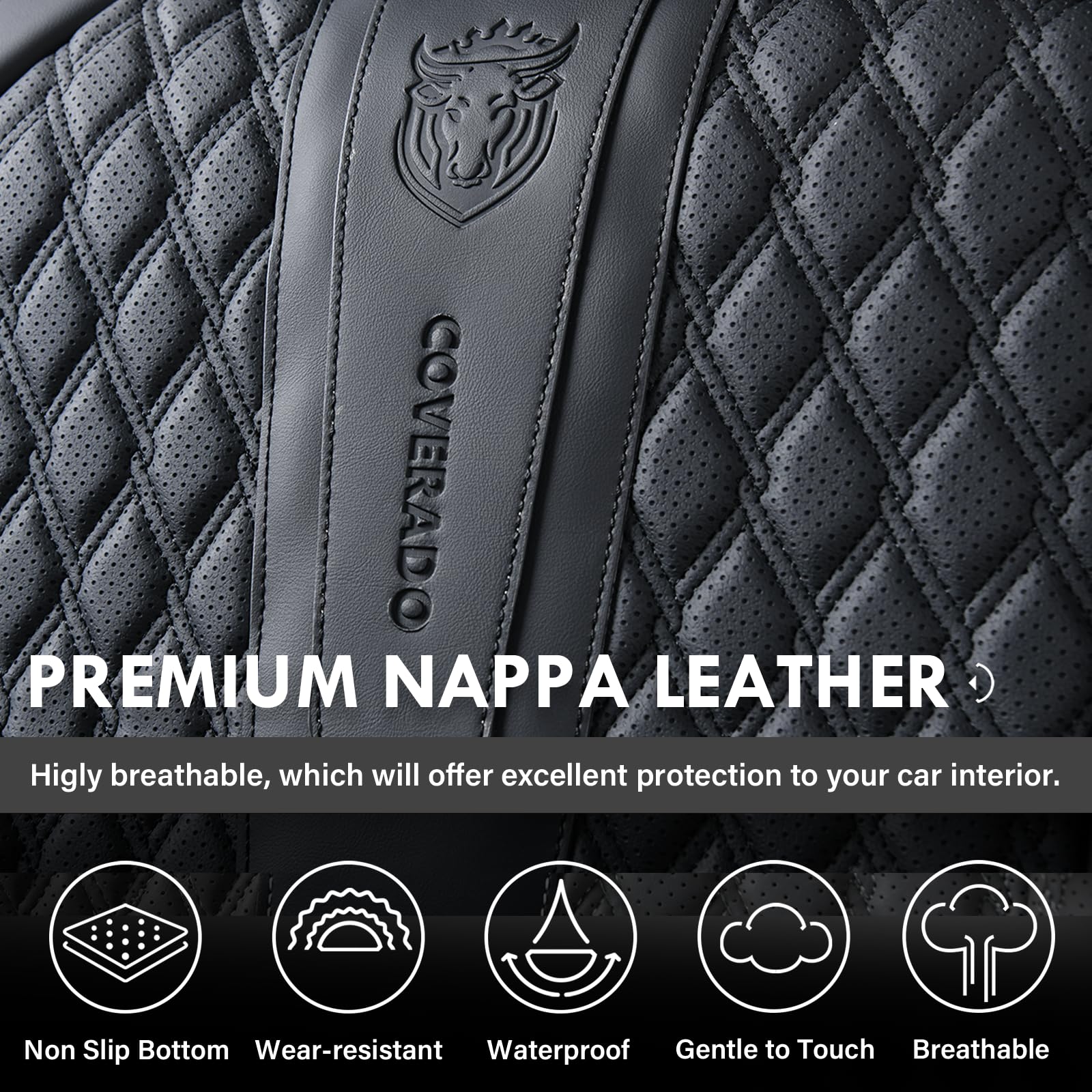 Premium Nappa Leather Car Seat Covers Full Set - Universal Fit for Most Cars, SUVs & Trucks | Waterproof Seat Protectors with Lumbar Support (Black) | Perfect for Daily Commute, Road Trips & Family Travel