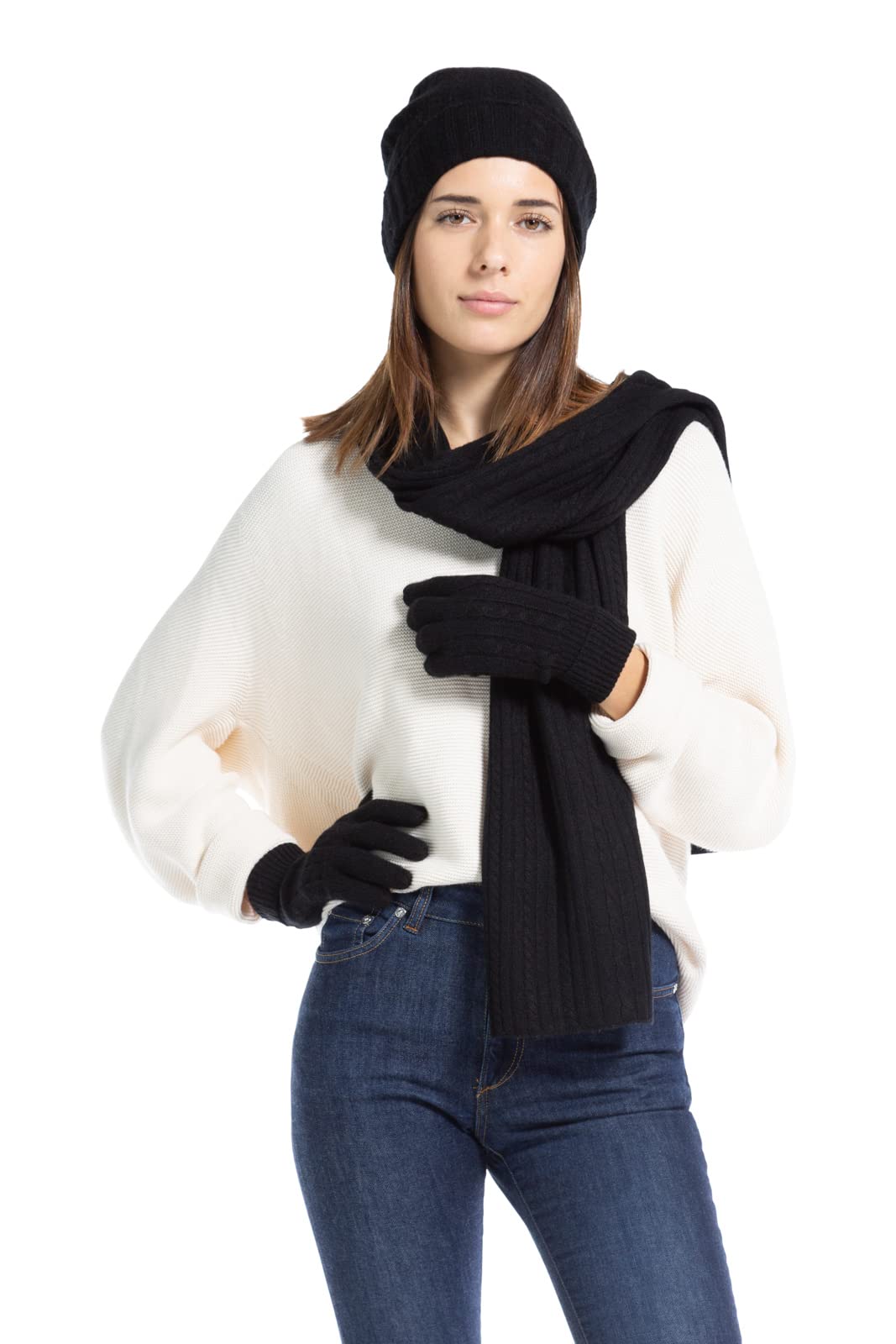 Fishers Finery Women's Pure Cashmere Cable Knit Hat, Gloves & Scarf Set - Winter Accessories Gift Box | Soft & Warm for Cold Weather, Outdoor Activities & Holiday Gifting