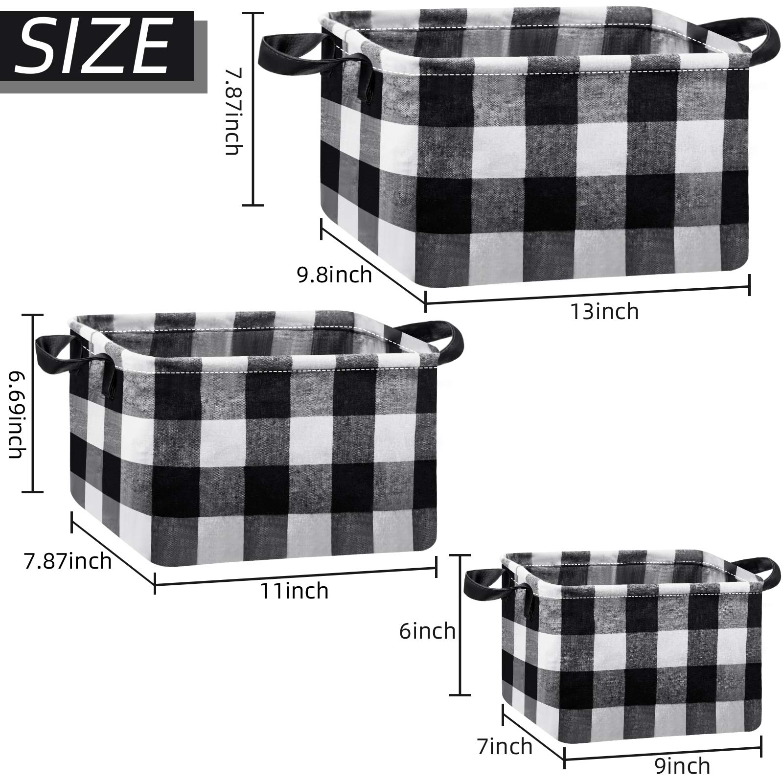 6-Piece Buffalo Plaid Storage Baskets Set - Collapsible Square Organizer with Handles for Home, Office & Nursery Organization (Black/White Checkered Pattern) - Perfect for Toy Storage, Blanket Baskets & Closet Organization