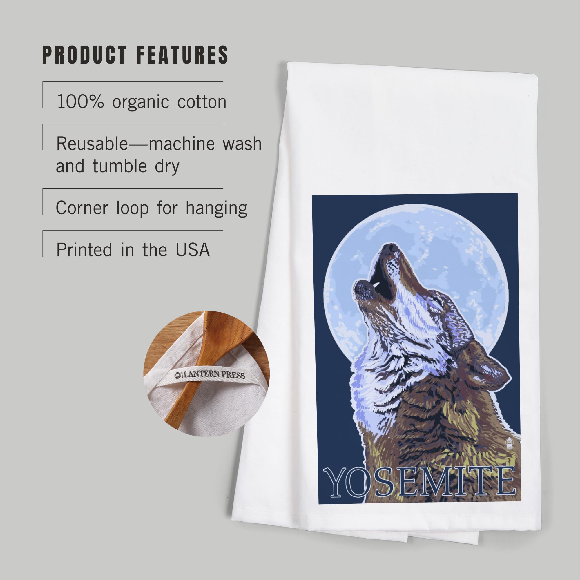 Lantern Press Yosemite California Wolf Howling 100% Cotton Tea Towel - Decorative Hand Towel for Kitchen, Home Decor & Gifts - Perfect for Dish Drying, Wall Art & Cabin Decor