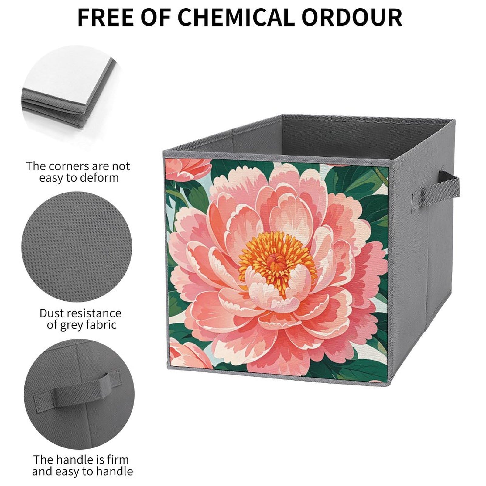 2PCS Collapsible Storage Bins with Handles - Peach Peony Print for Shelves & Home Organization