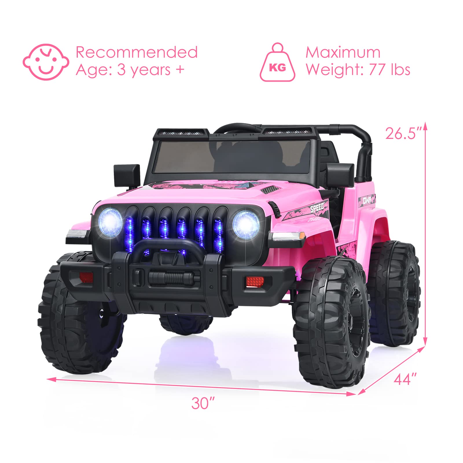 OLAKIDS 12V Electric Ride On Truck for Kids - Remote Control Battery Powered Toddler Car with Music, Horn, 3 Speed Settings, LED Lights & Bluetooth - Pink Kids Toy Truck for Indoor/Outdoor Play, Birthday Gifts & Backyard Fun