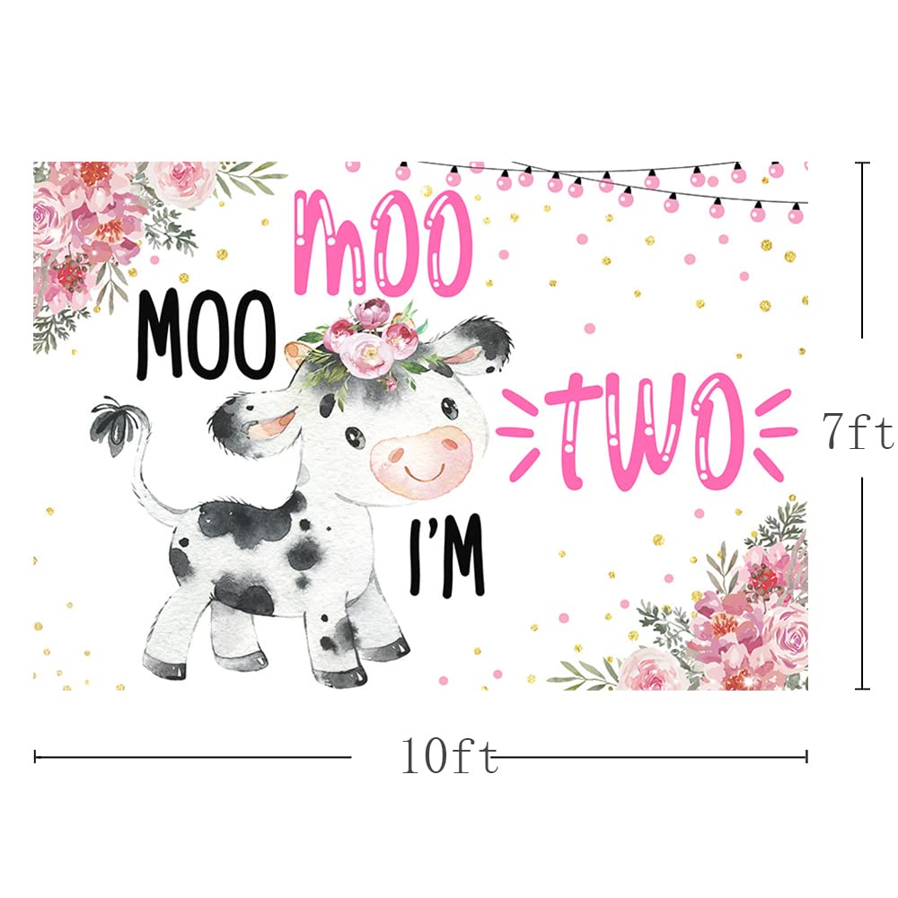 MEHOFOND 10x7ft Cow-Themed Baby Girl 2nd Birthday Backdrop - Pink Floral Confetti Party Banner for Cake Table, Wall Decor & Photo Booth Background | Perfect for 'Moo Moo I'm Two' Birthday Party Photography & Gift Pictures