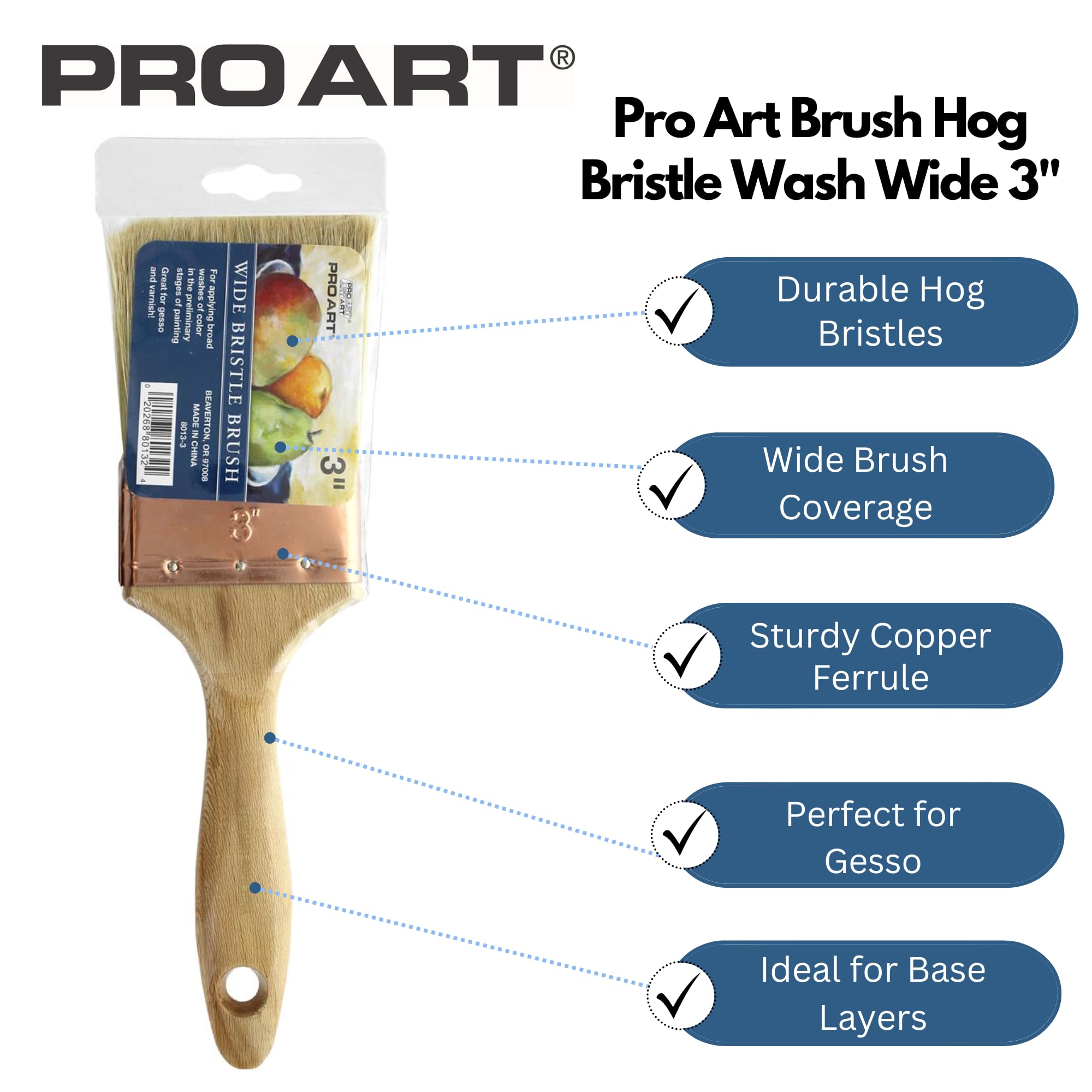 PRO ART Wide Wash Paintbrush - 3 Inch Natural Bristle Brush for Acrylic, Oil & Watercolor Painting - Perfect for Canvas, Walls & DIY Art Projects