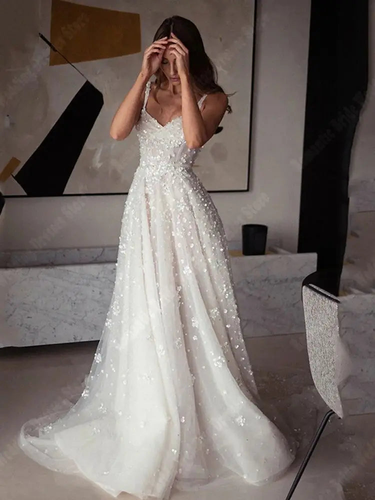 Elegant Sleeveless A-Line Tulle Wedding Dress | Princess Style Floor-Length Gown for Brides | Perfect for Church, Beach & Garden Weddings