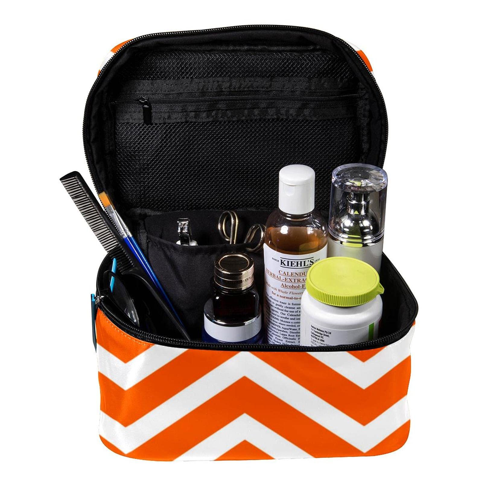 Orange Chevron Striped Large Travel Makeup Bag - Waterproof Cosmetic Organizer with Zipper for Women & Girls | Perfect for Vacation, Gym, Beach Trips & Daily Use