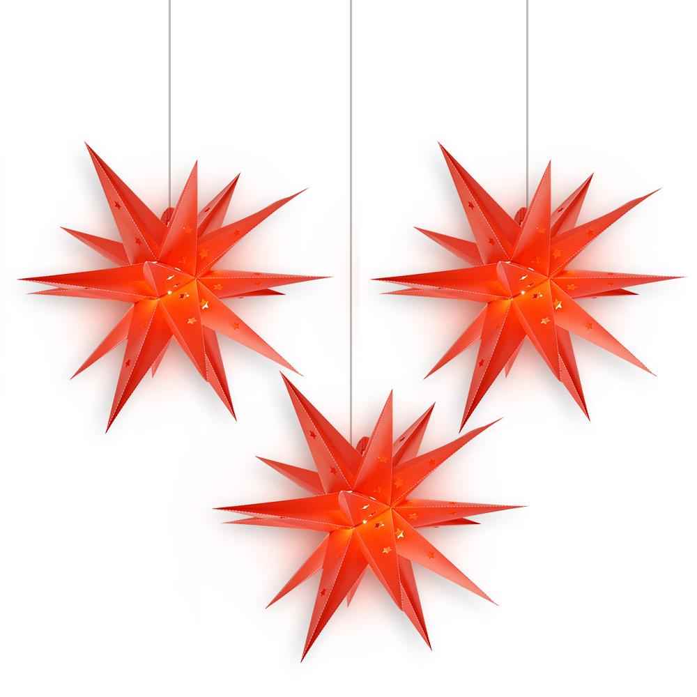 3 Pack 16 Inch Red Moravian Weatherproof Outdoor Plastic Star Lantern with LED Bulbs & Cord - Christmas Holiday Decor for Porch, Garden, Patio & Yard Lighting