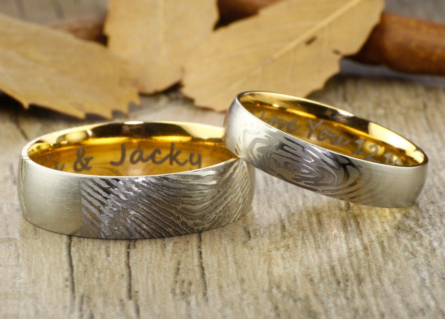 Personalized Engraved Fingerprint Wedding Rings Set - Custom Couple Rings in Two-Tone Gold & Titanium - Perfect for Anniversaries, Engagements & Unique Gifts