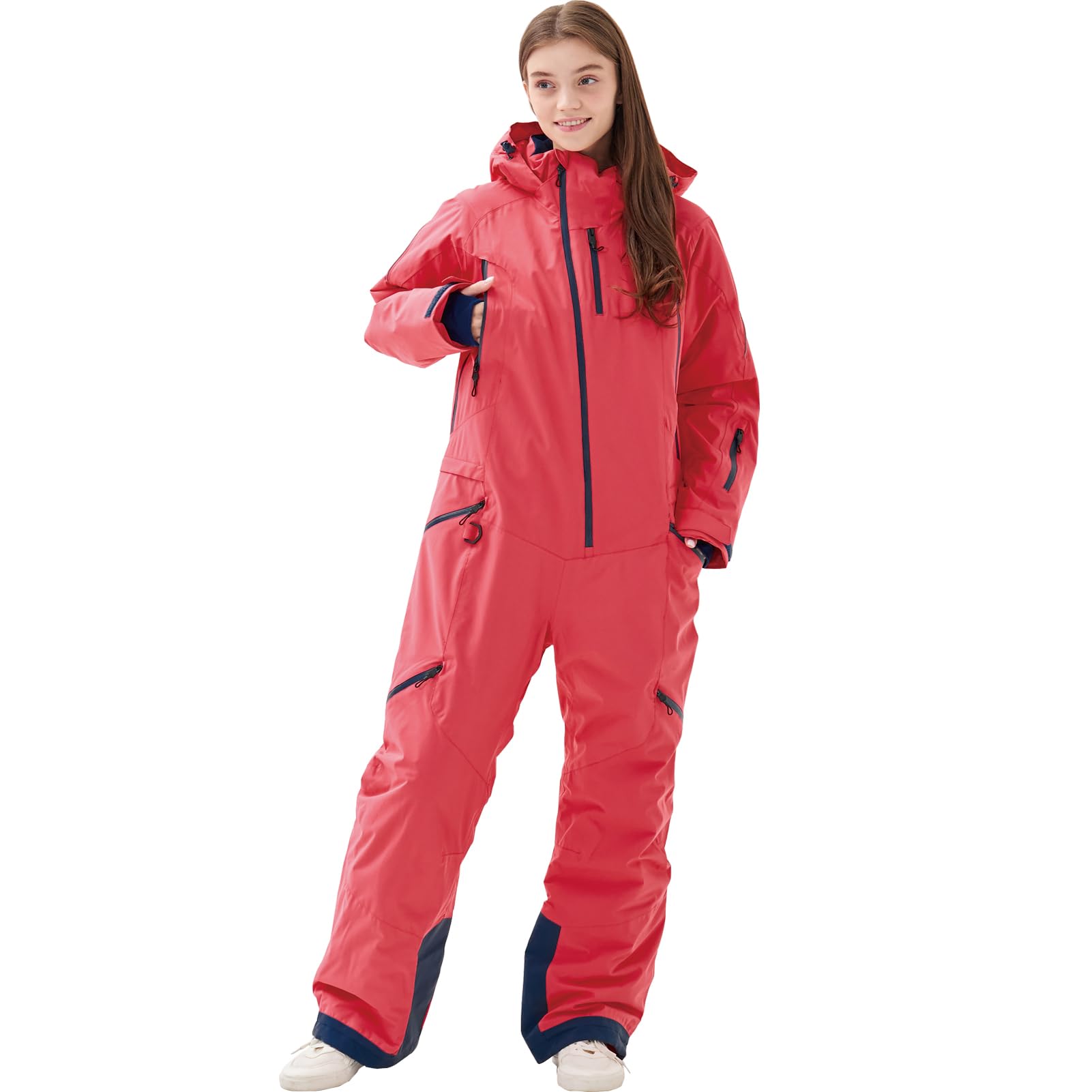 Women's One Piece Ski Suit - Windproof & Waterproof Snowsuit with Detachable Hood - Warm & Breathable Winter Jumpsuit for Skiing, Snowboarding & Outdoor Snow Sports