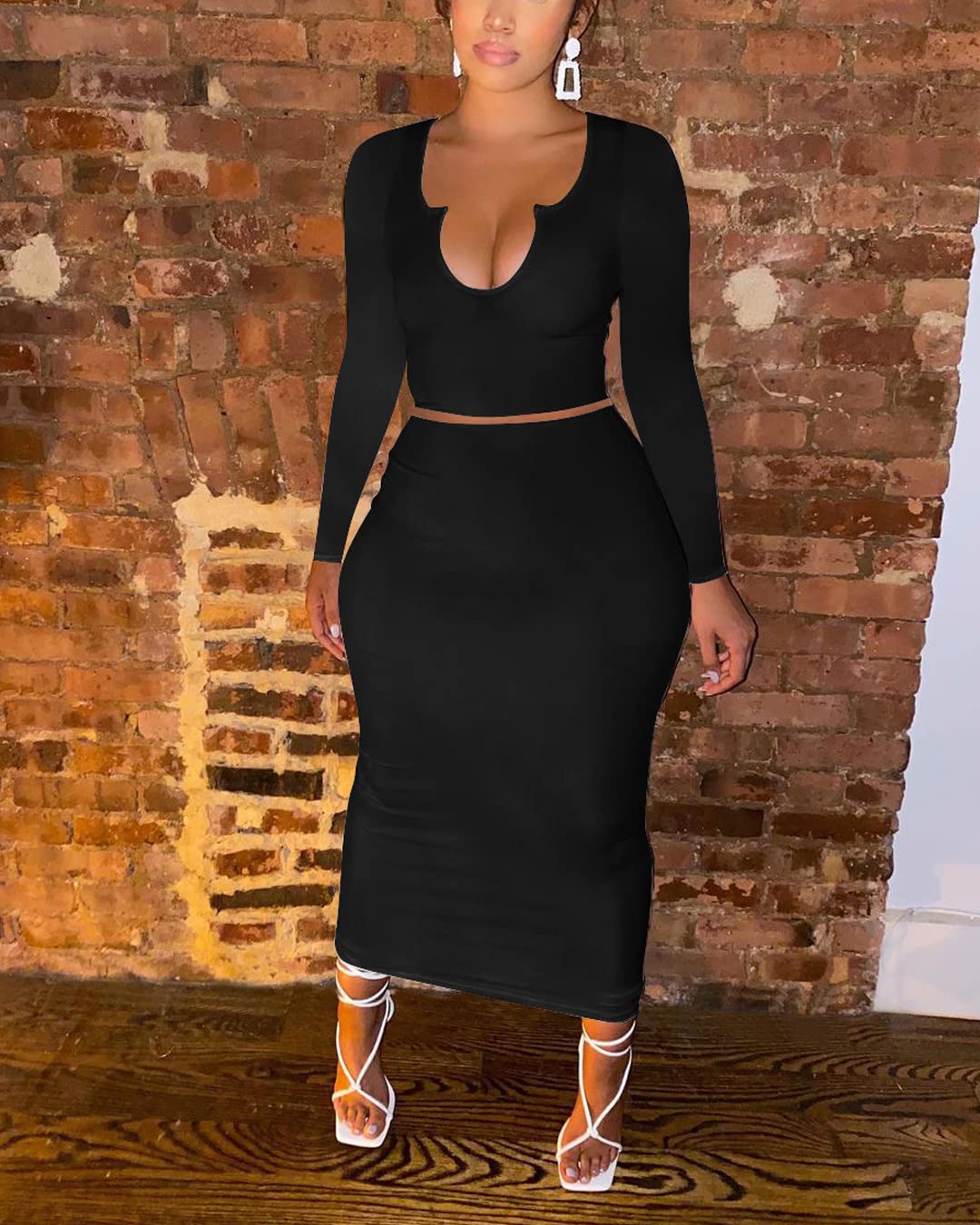 Sexy Women's Two Piece Skirt Outfit - Long Sleeve & Sleeveless V Neck Bodycon Ribbed Knit Maxi Dress for Club, Party & Night Out