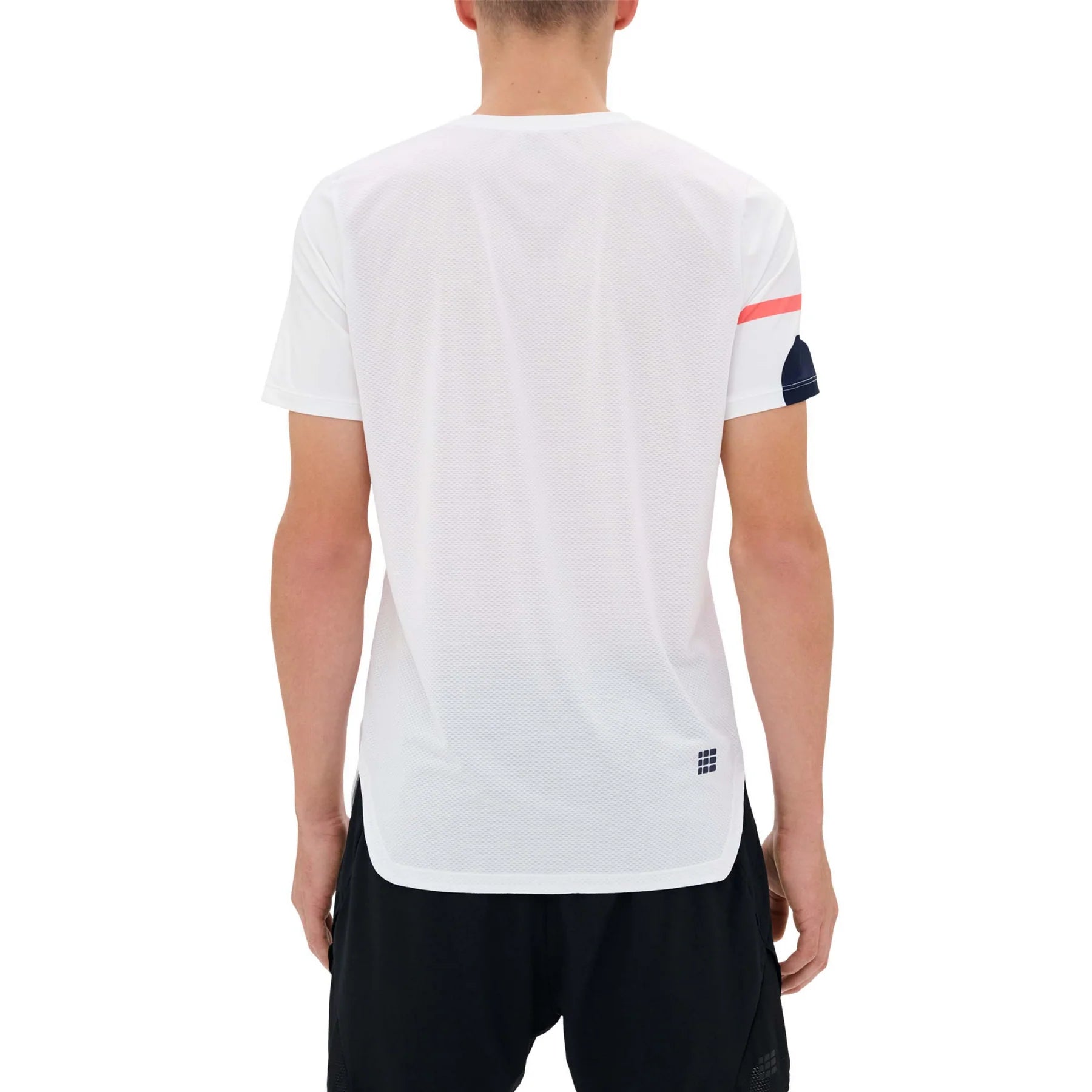 CEP Men's Performance Running Shirt - Moisture Wicking Round Neck Short Sleeve Athletic Top (White/Geometric Print) - Ideal for Jogging, Gym Workouts & Outdoor Sports
