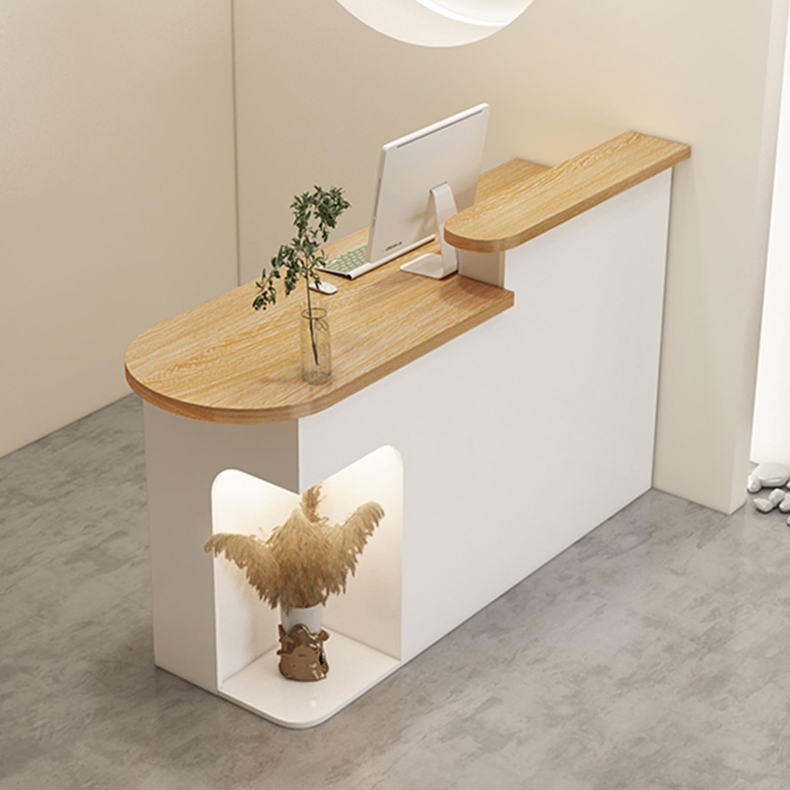 Modern Reception Desk with Lockable Drawer & Open Shelves - Large Retail Counter for Salon, Office Lobby & Checkout Station - Durable Front Desk with Storage Cabinet for Professional Spaces