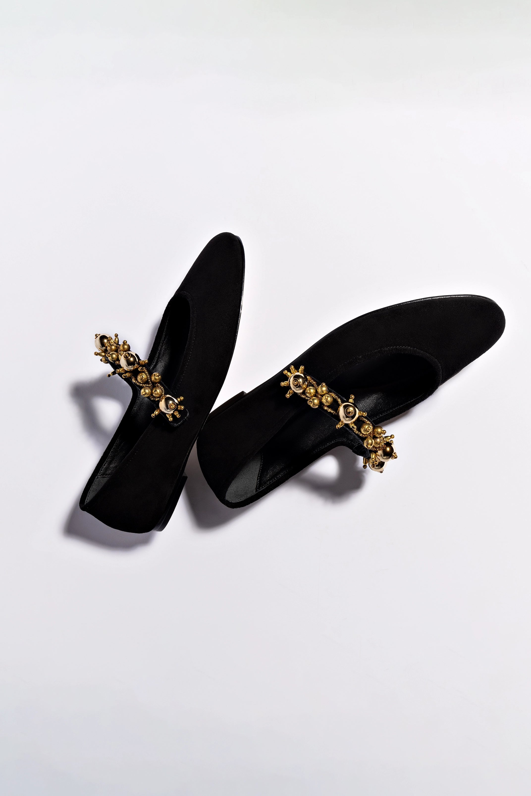 Larroudé x Libertine Verona Black Suede Heels with Golden Balls - Elegant Women's Dress Shoes for Parties, Weddings & Special Occasions