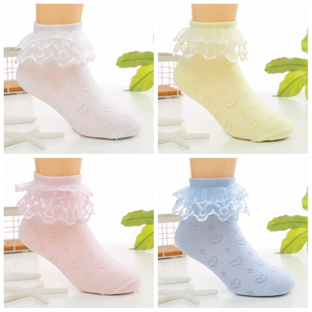 YUEN Girls Lace Ankle Socks 4-Pack - Ruffle Frilly Cotton Socks with Lace Trim, Cute Princess Socks for Big Girls & Teens - Perfect for School, Ballet, Dress Up & Everyday Wear