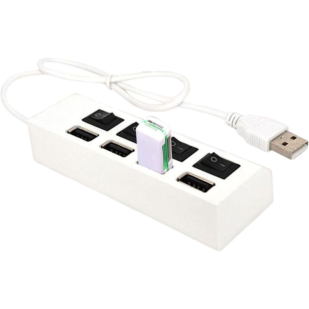 4-Port USB 2.0 Hub with LED Indicators & Power Switches - Portable USB Extension Hub for Laptop, PC, Mac - USB Splitter Adapter for Charging & Data Transfer (White) - Perfect for Home Office, Gaming & Travel Use