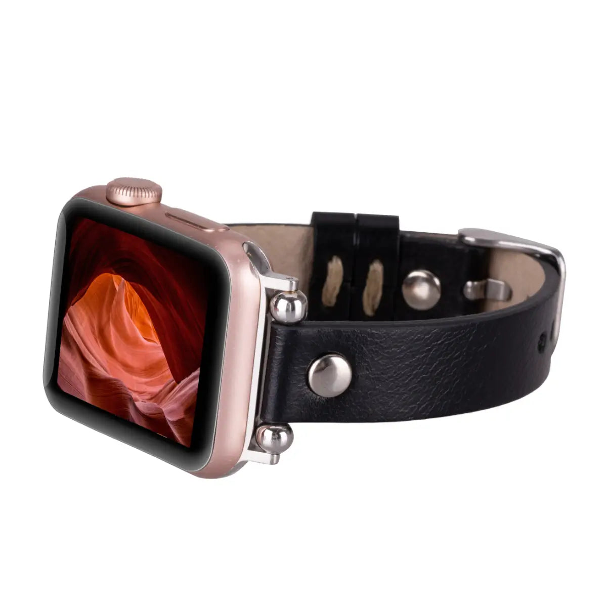 Slim Black Leather Apple Watch Band with Silver Rivet - Stylish & Durable Replacement Strap for Workout, Office & Everyday Wear
